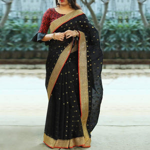 Elegant Black Colored Party Wear Embroidered Cotton Saree