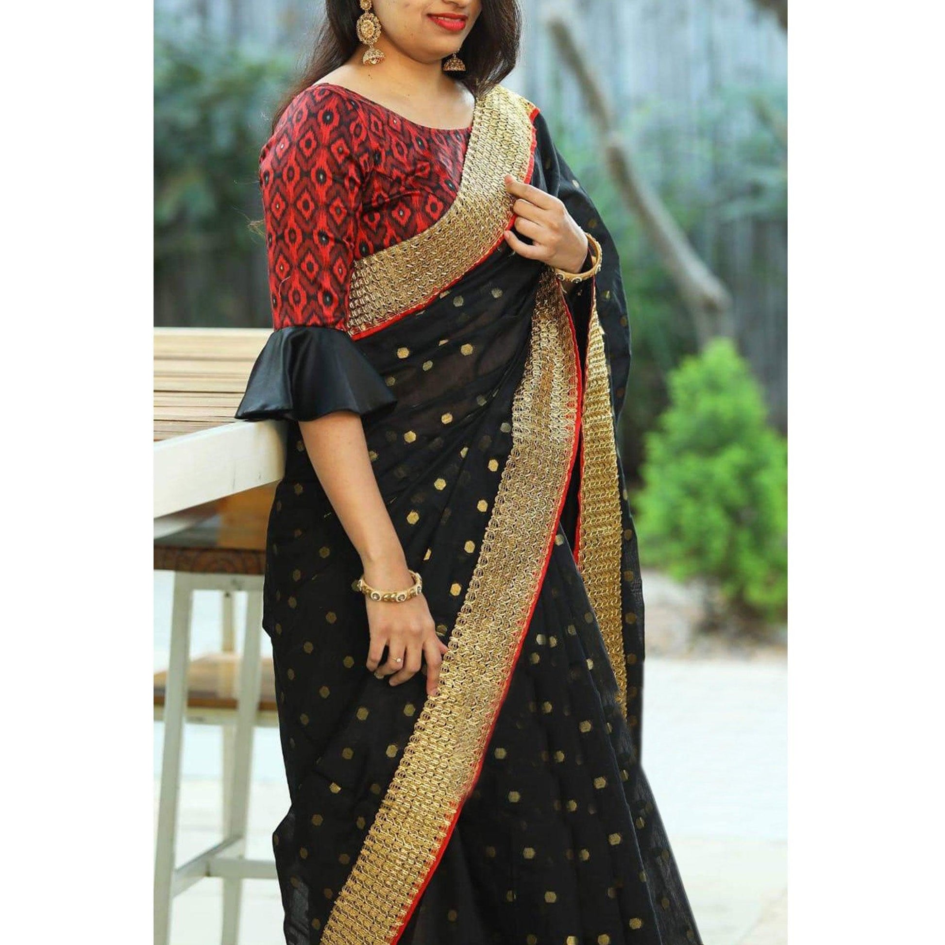 Elegant Black Colored Party Wear Embroidered Cotton Saree