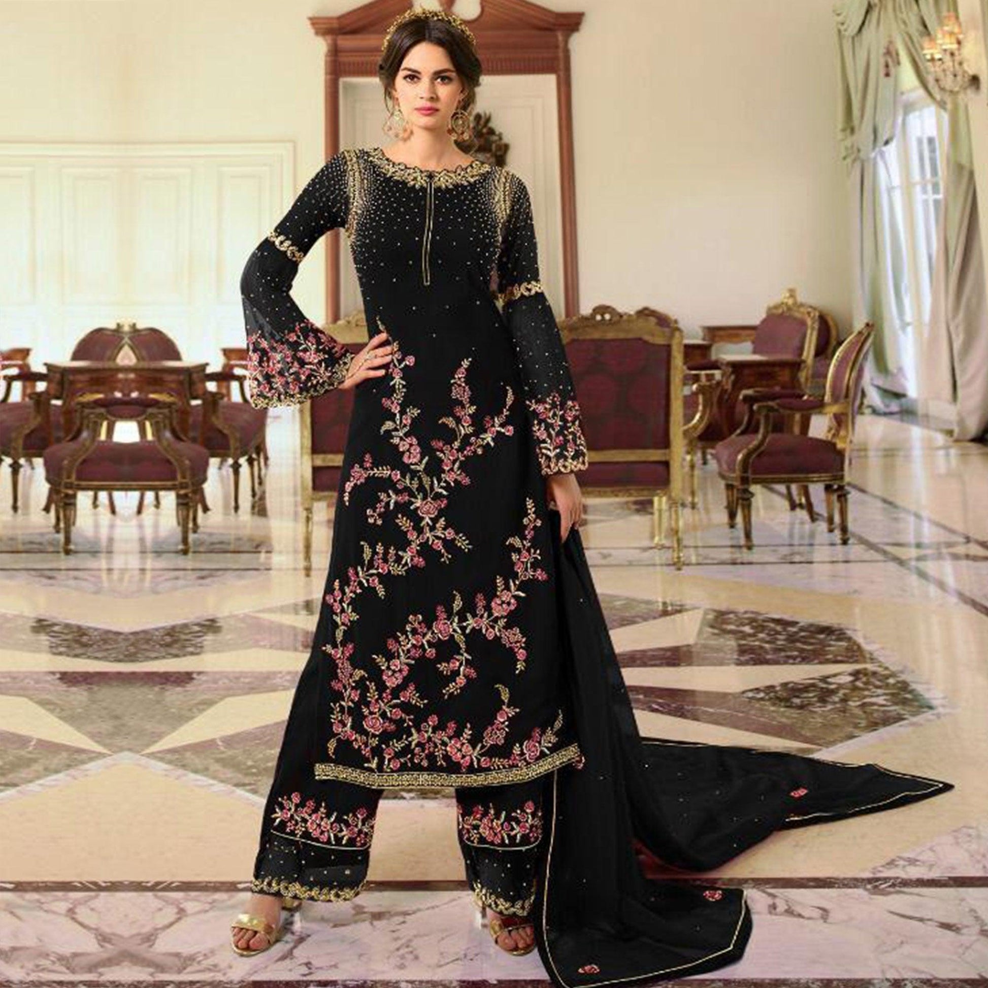 Elegant Black Colored Partywear Embroidered Georgette Palazzo Suit