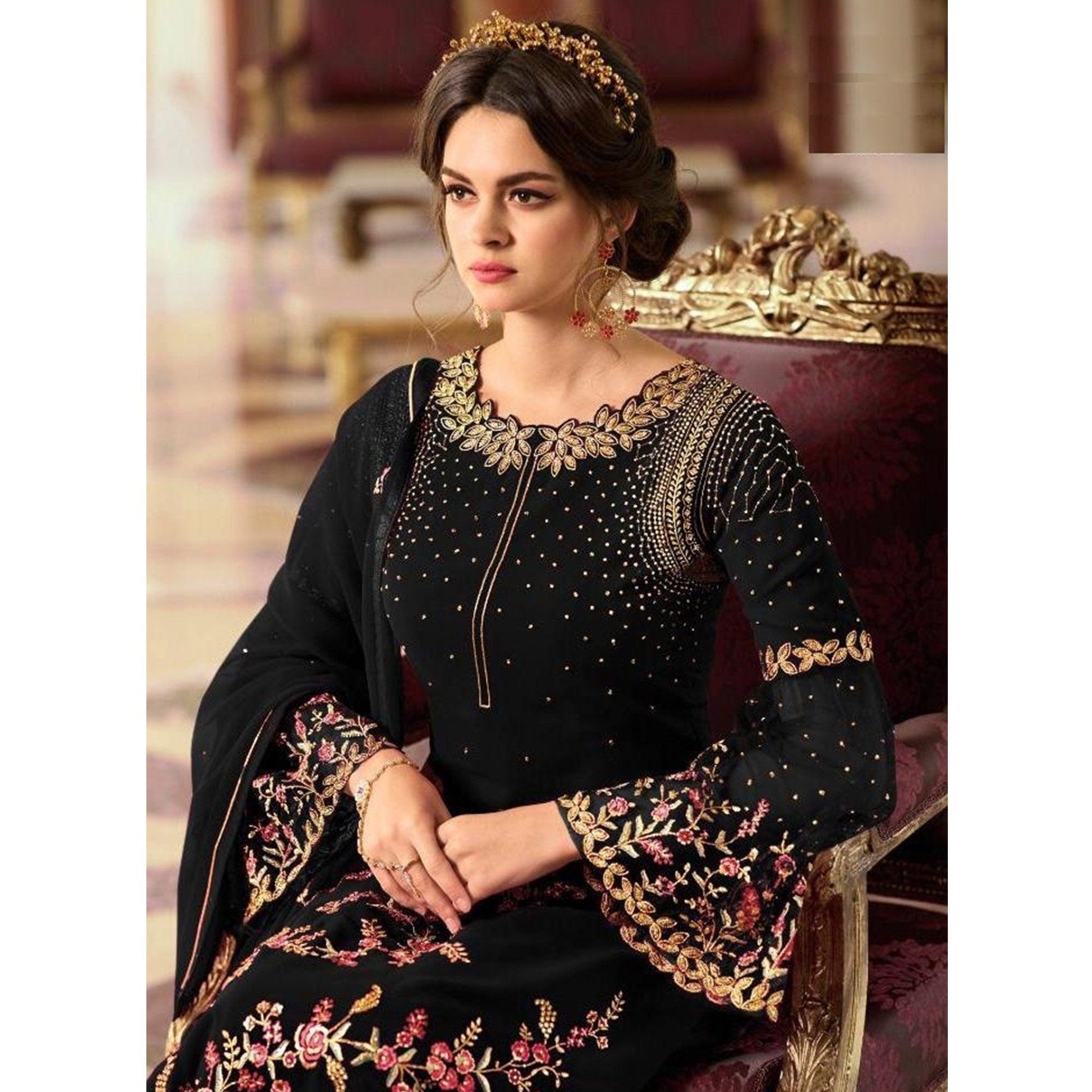 Elegant Black Colored Partywear Embroidered Georgette Palazzo Suit