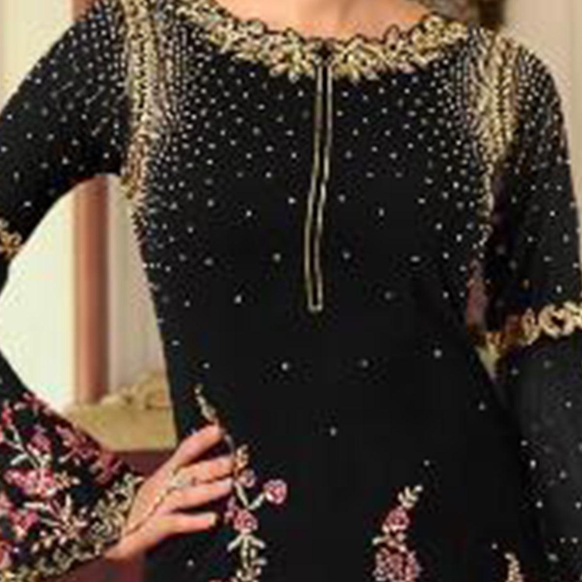 Elegant Black Colored Partywear Embroidered Georgette Palazzo Suit