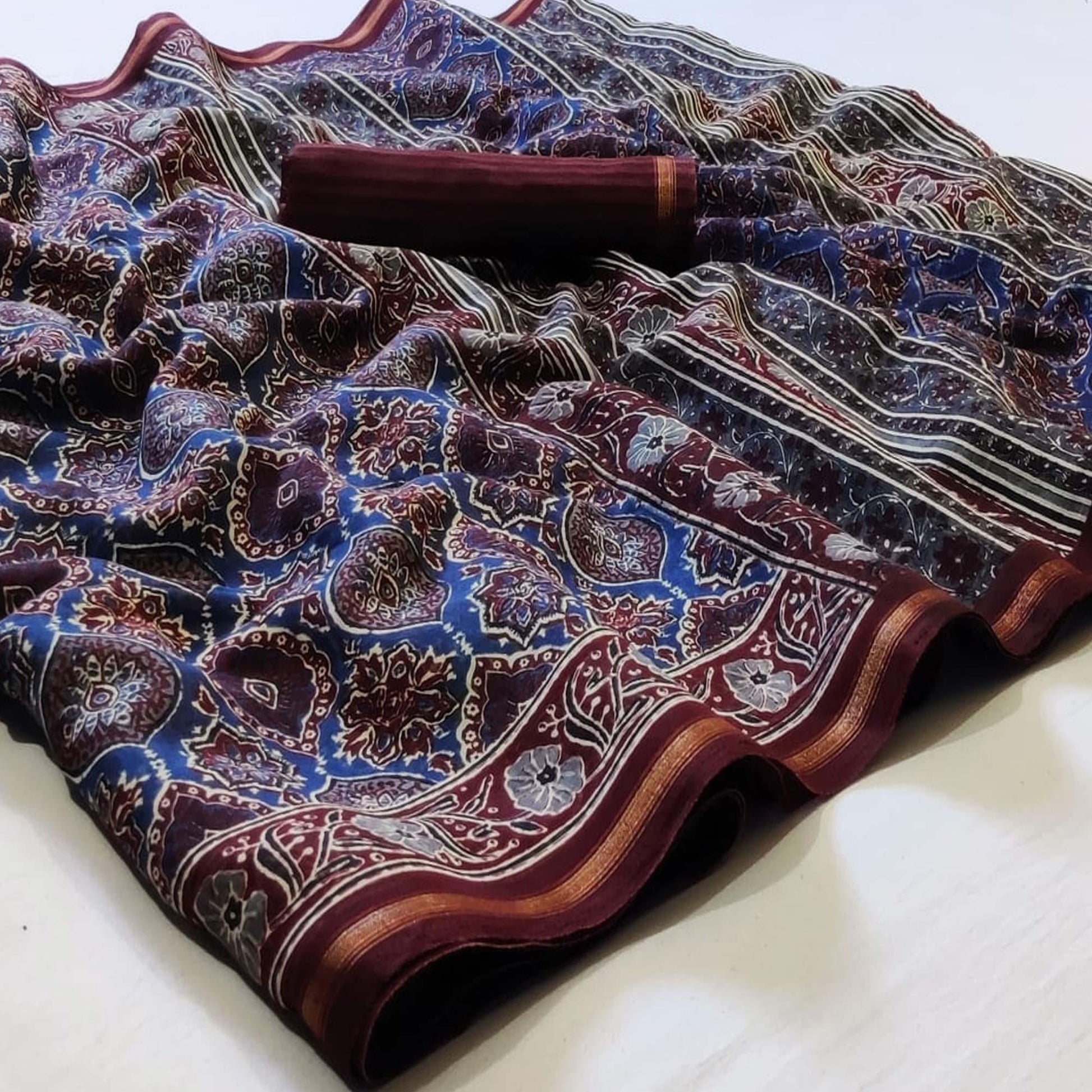 Elegant Blue Colored Casual Wear Printed Cotton Saree