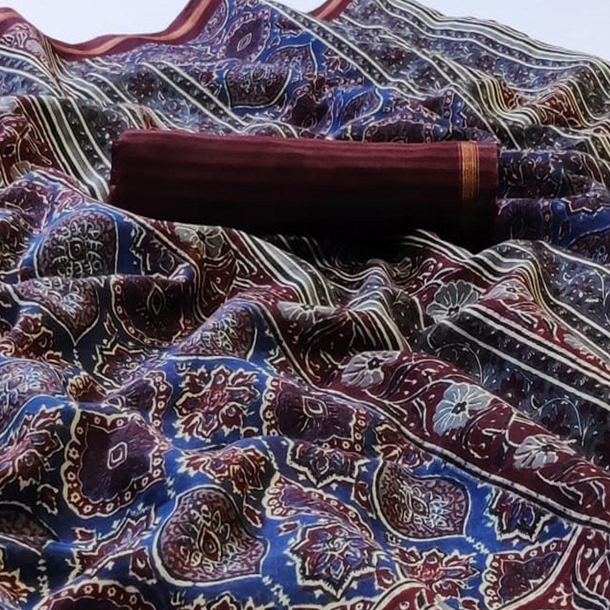 Elegant Blue Colored Casual Wear Printed Cotton Saree