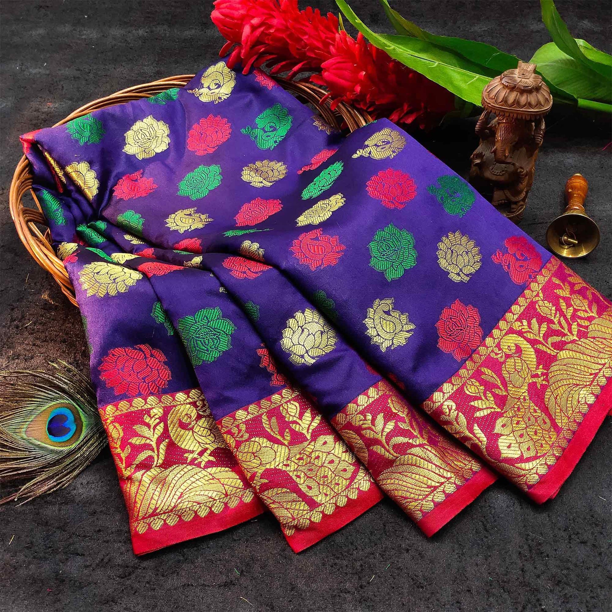 Elegant Blue Colored Festive Wear Woven Kanjivaram Silk Saree