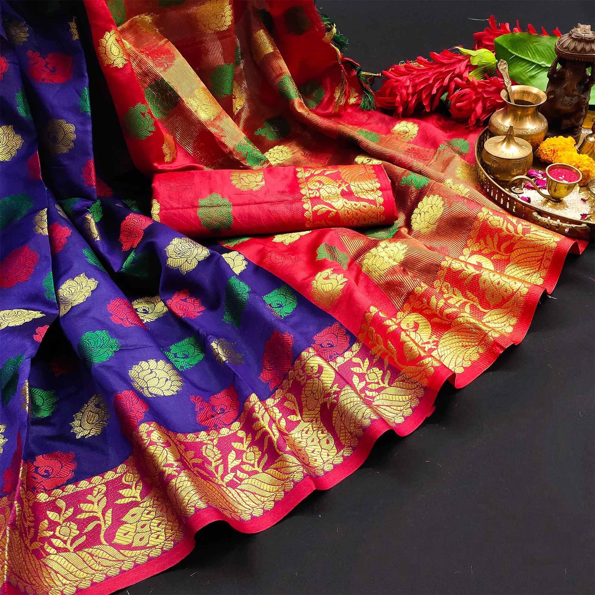 Elegant Blue Colored Festive Wear Woven Kanjivaram Silk Saree