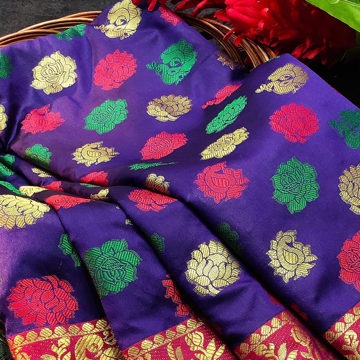 Elegant Blue Colored Festive Wear Woven Kanjivaram Silk Saree