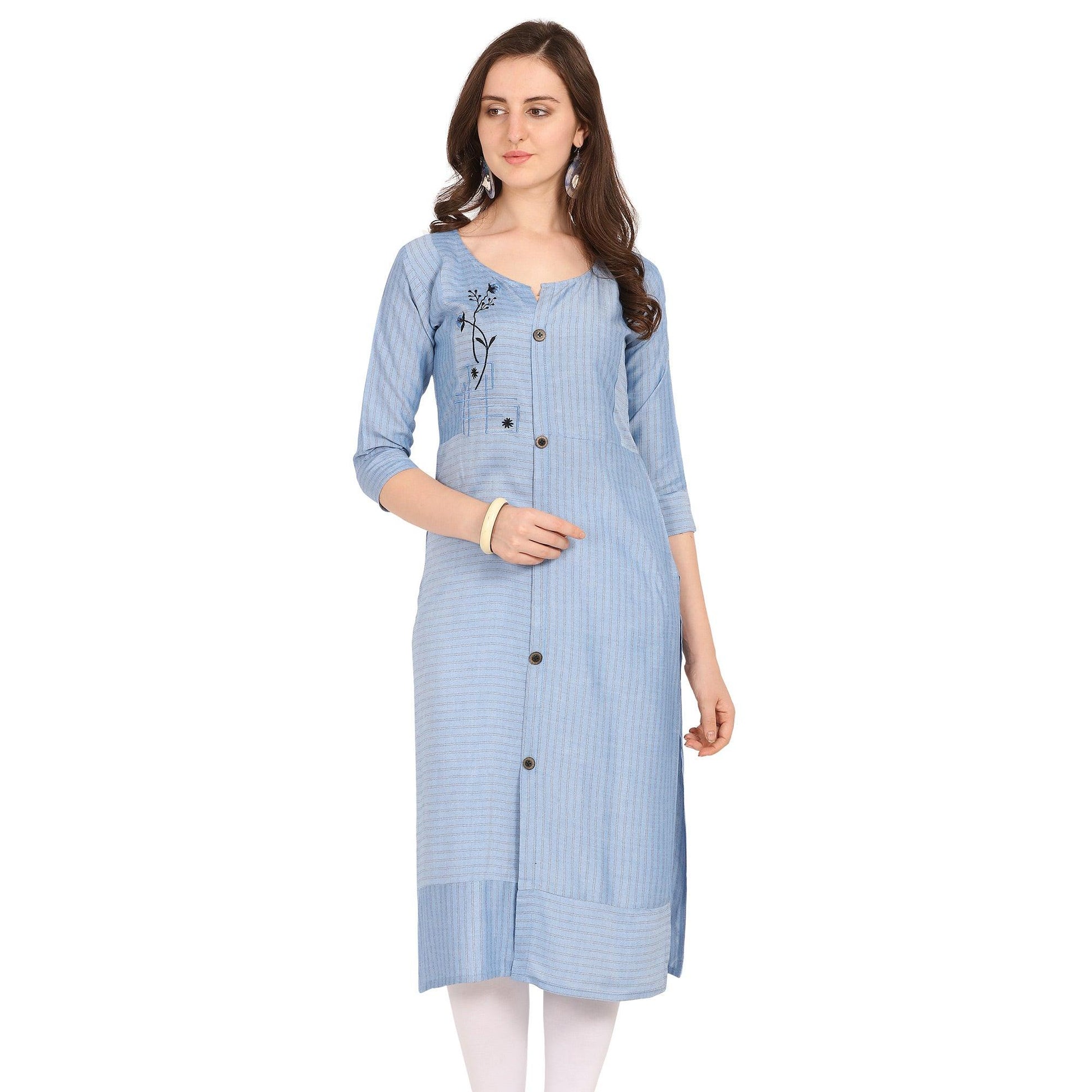 Elegant Blue Colored Party Wear Embellished Work Rayon Kurti