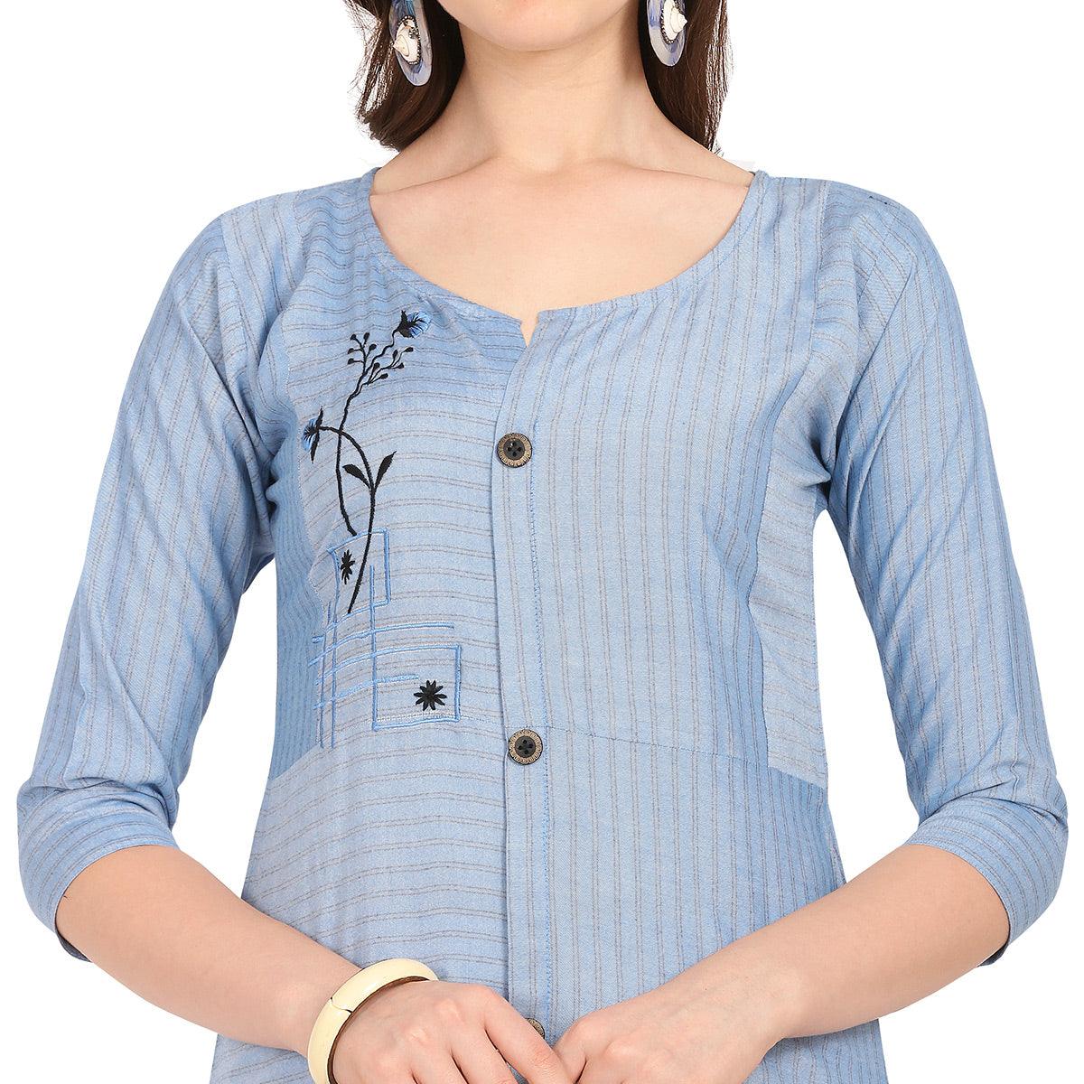 Elegant Blue Colored Party Wear Embellished Work Rayon Kurti