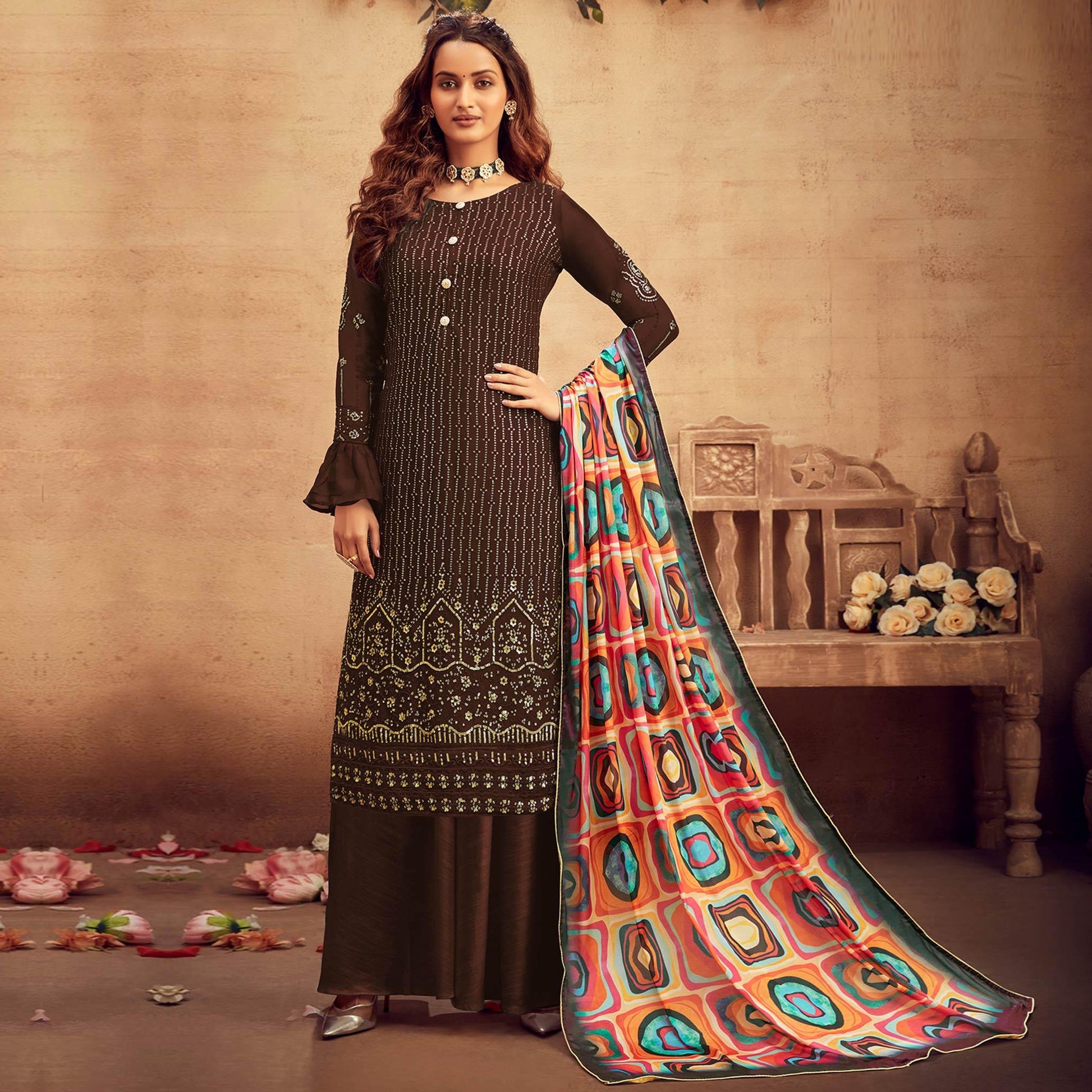 Elegant Bronze Coloured Partywear Designer Embroidered Sequins Heavy Faux Georgette Palazzo Suit