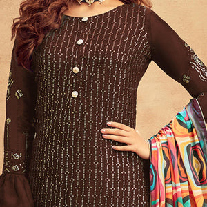 Elegant Bronze Coloured Partywear Designer Embroidered Sequins Heavy Faux Georgette Palazzo Suit