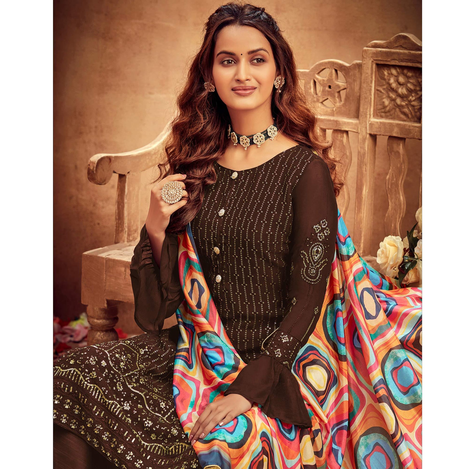 Elegant Bronze Coloured Partywear Designer Embroidered Sequins Heavy Faux Georgette Palazzo Suit