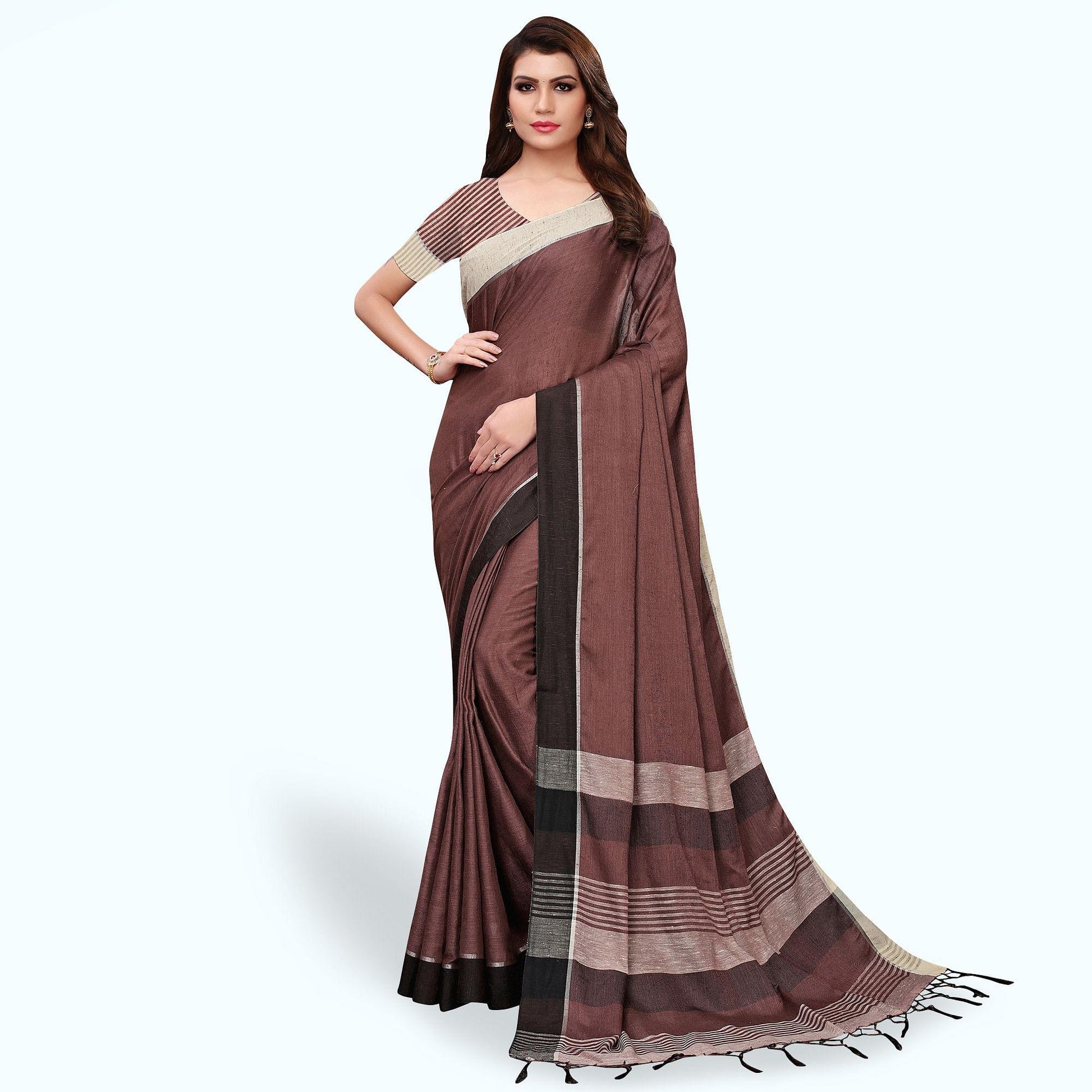 Elegant Brown Colored Festive Wear Linen Saree