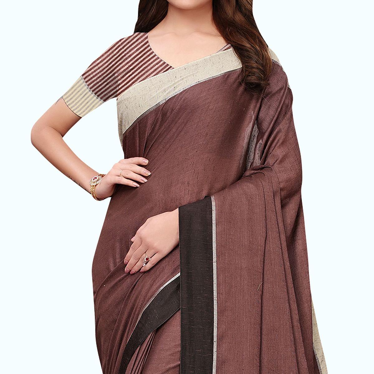 Elegant Brown Colored Festive Wear Linen Saree