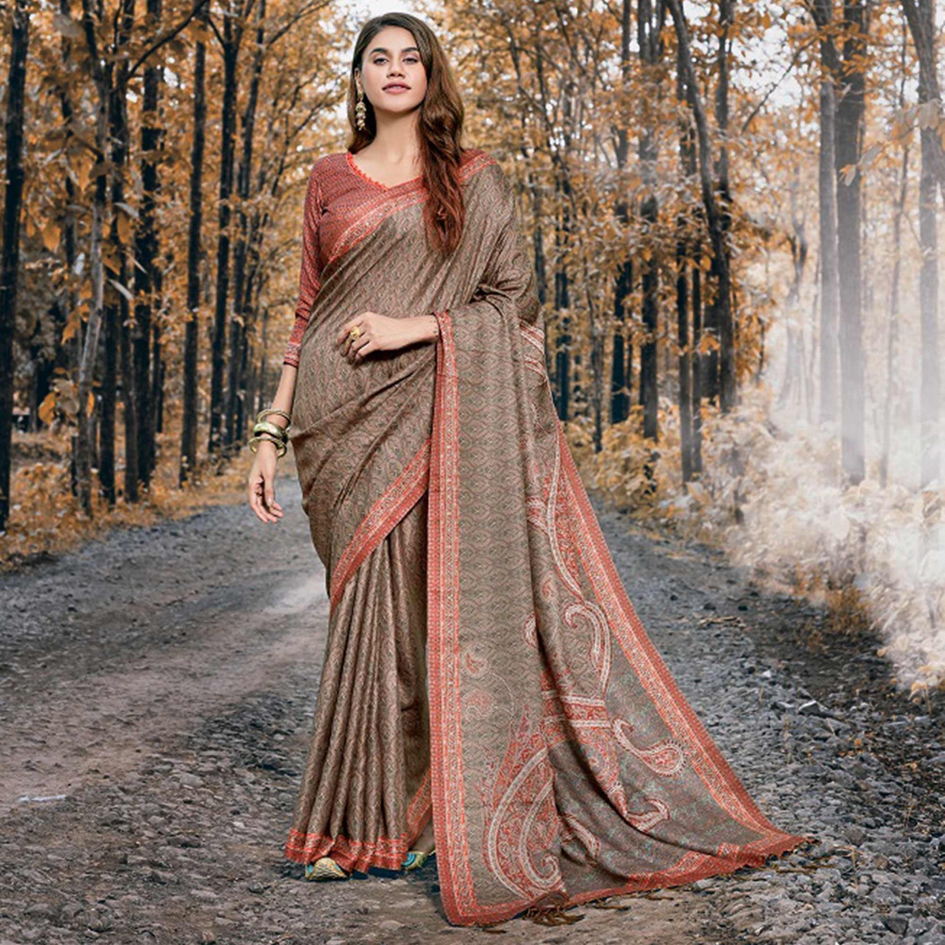 Elegant Brown Colored Festive Wear Printed Art Silk Saree