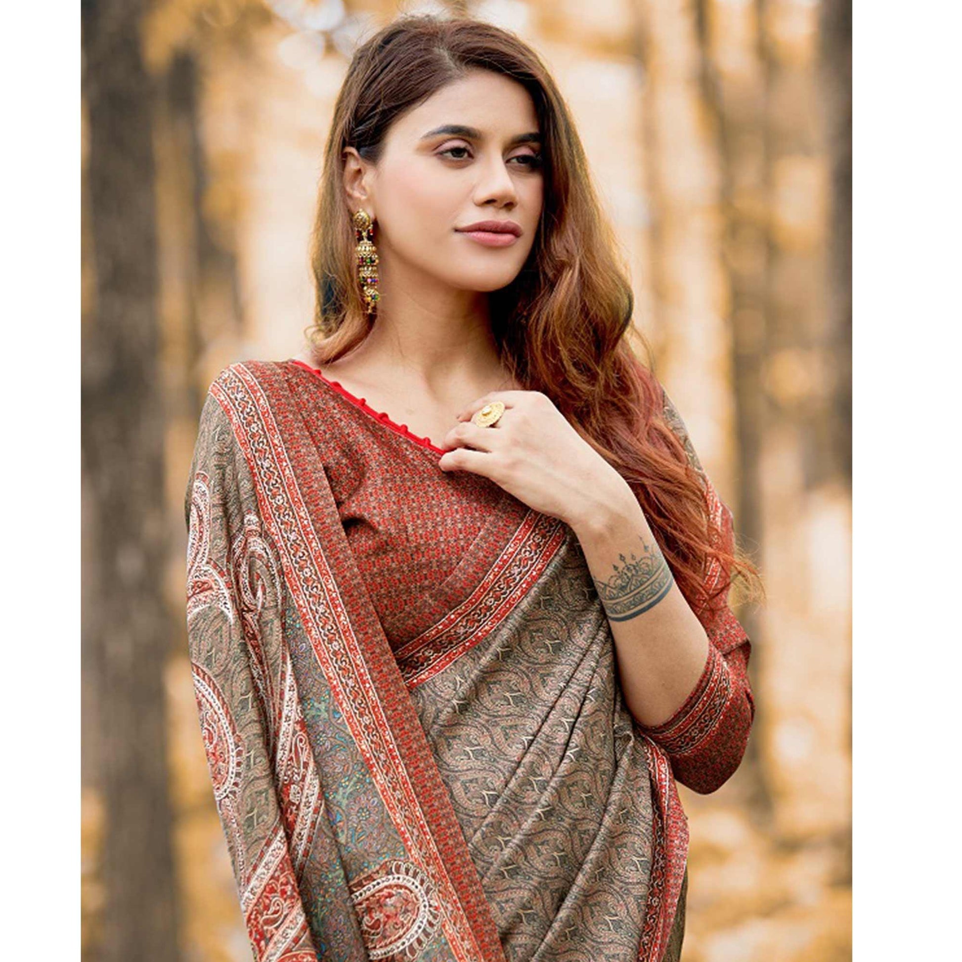 Elegant Brown Colored Festive Wear Printed Art Silk Saree
