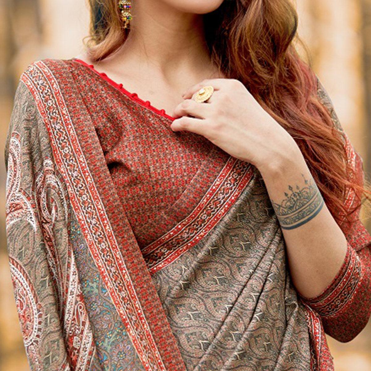 Elegant Brown Colored Festive Wear Printed Art Silk Saree