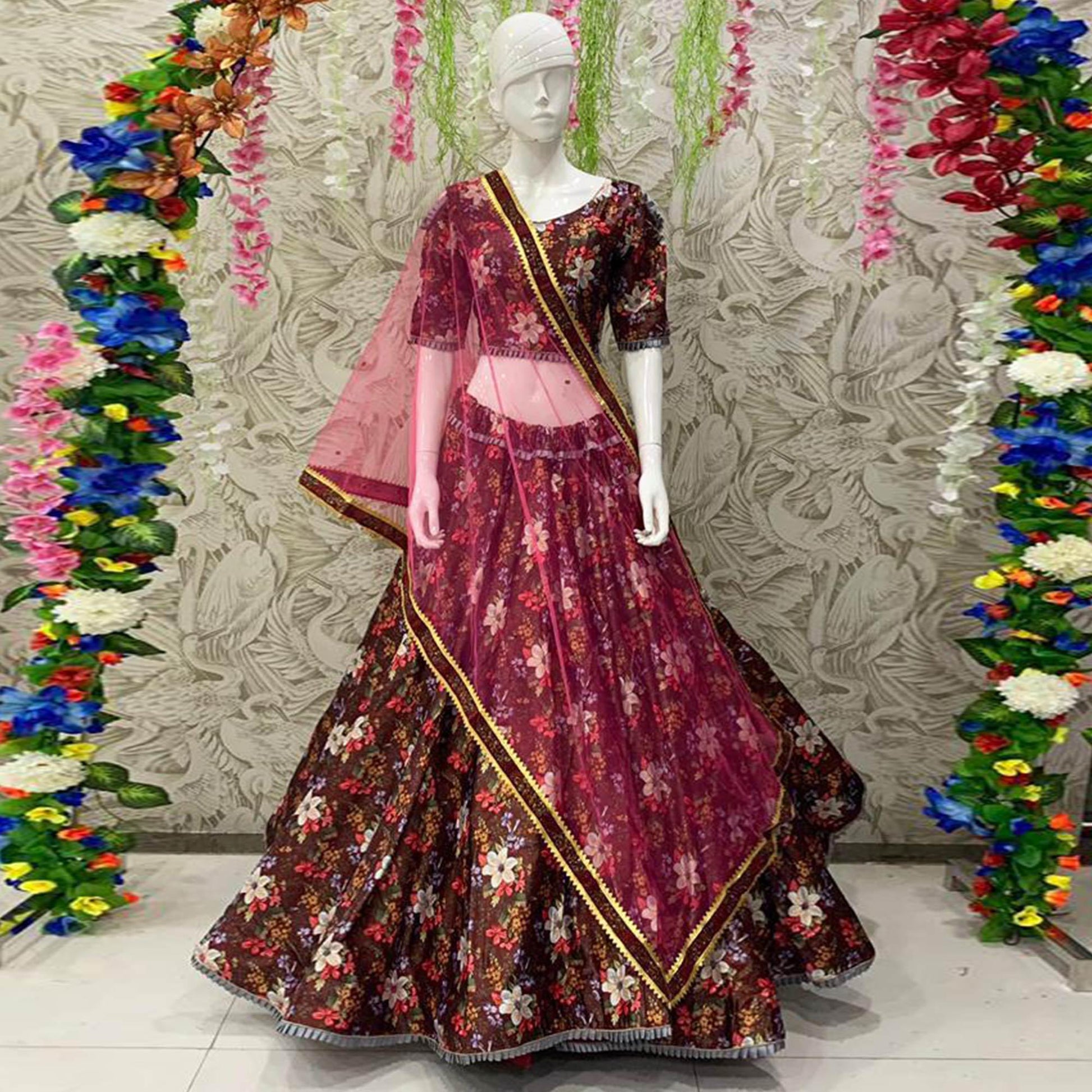 Elegant Brown Coloured Partywear Embroidered Dual Satin Lehenga Choli