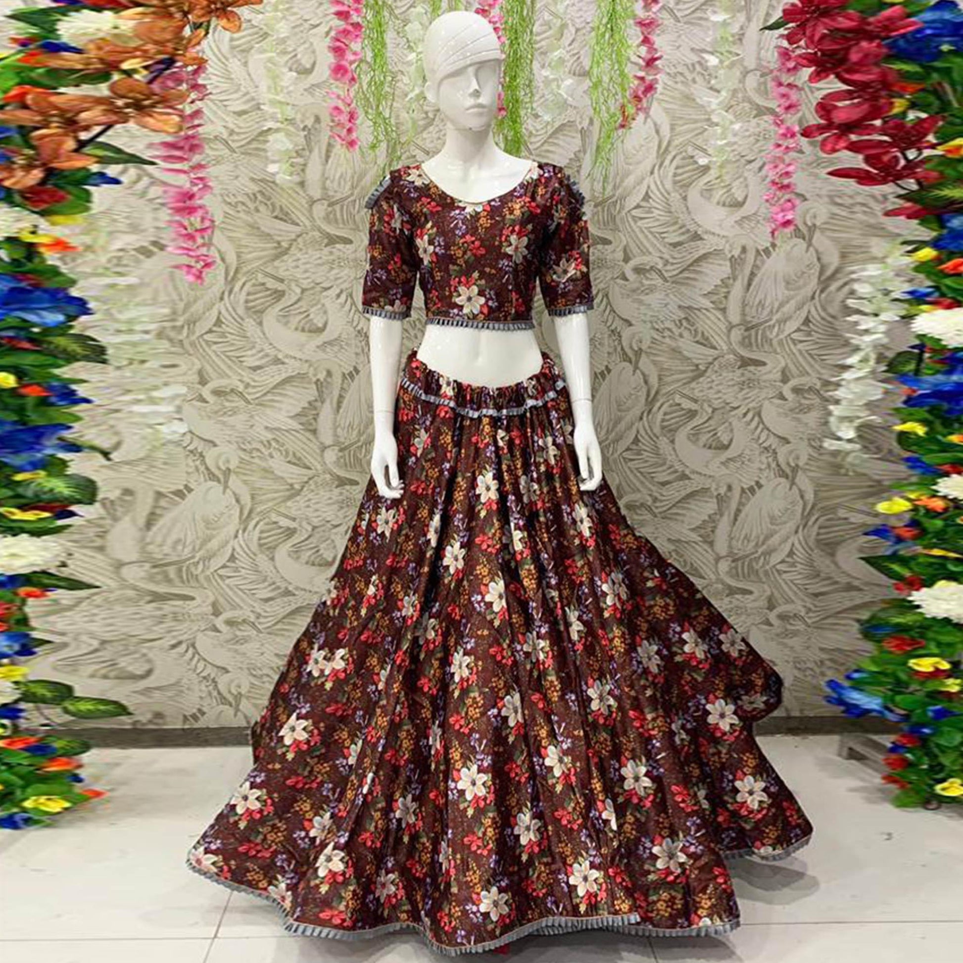 Elegant Brown Coloured Partywear Embroidered Dual Satin Lehenga Choli
