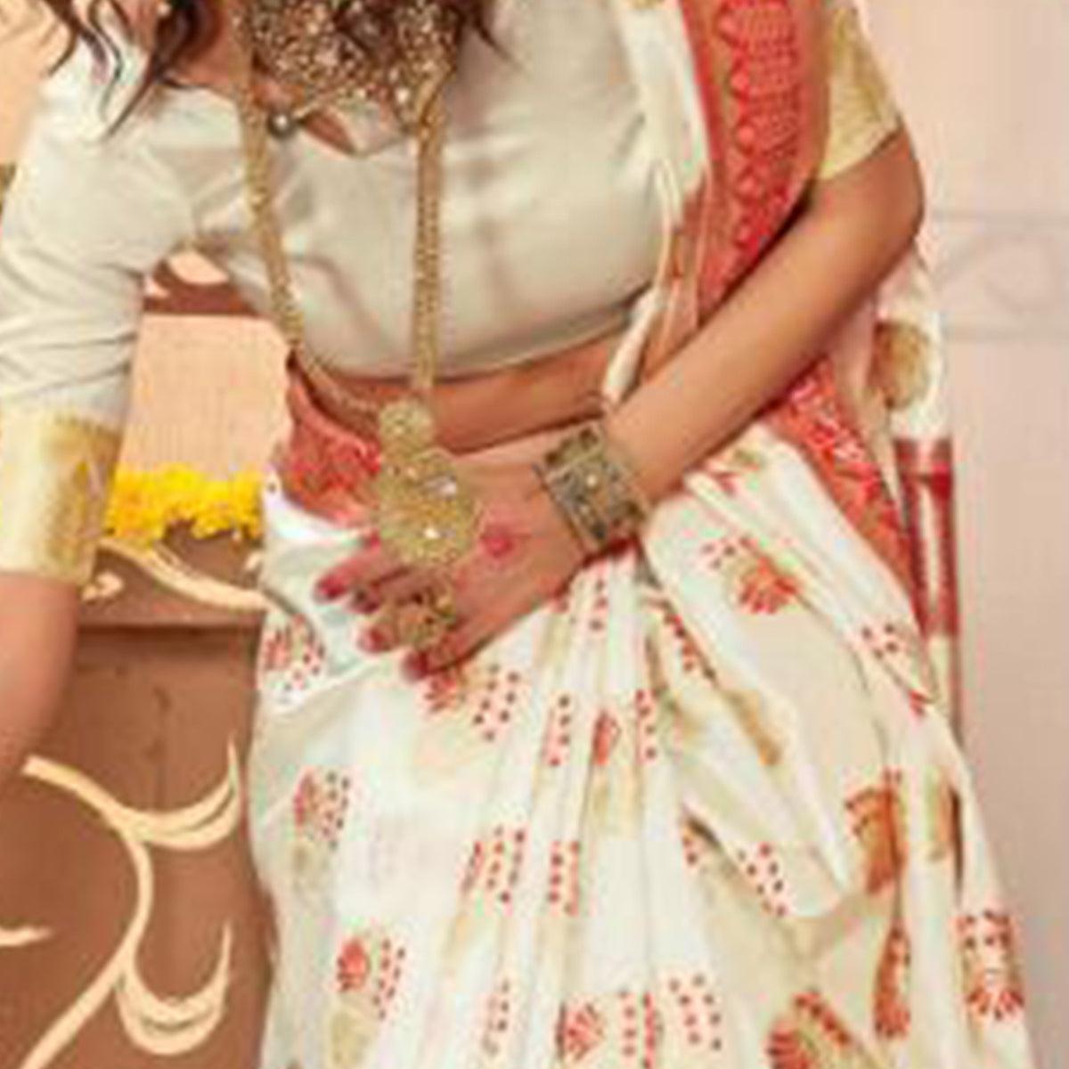 Elegant Cream Colored Festive Wear Woven Silk Blend Saree With Tassels