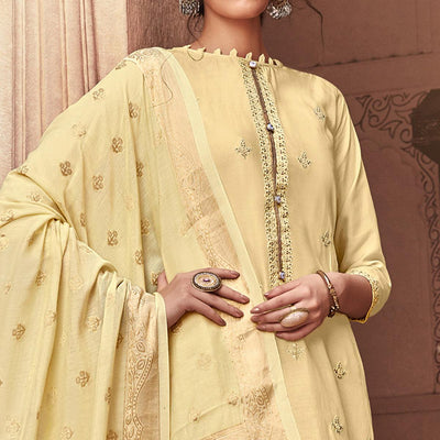 Elegant Cream Colored Partywear Embroidered Viscose Muslin Palazzo Suit