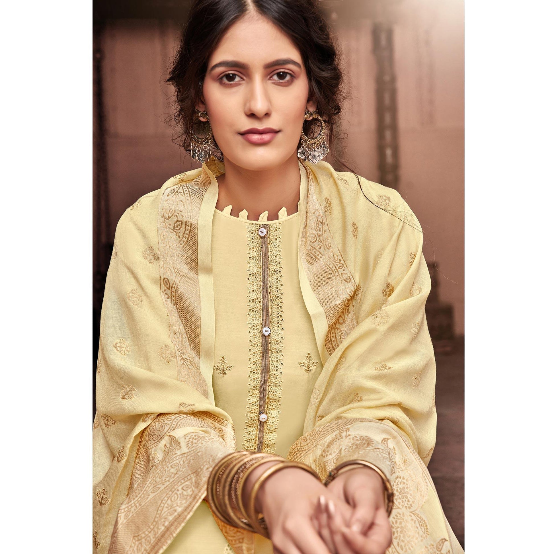 Elegant Cream Colored Partywear Embroidered Viscose Muslin Palazzo Suit