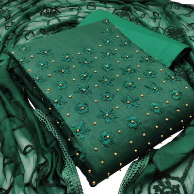 Elegant Dark Green Colored Casual Wear Embroidered Cotton Dress Material
