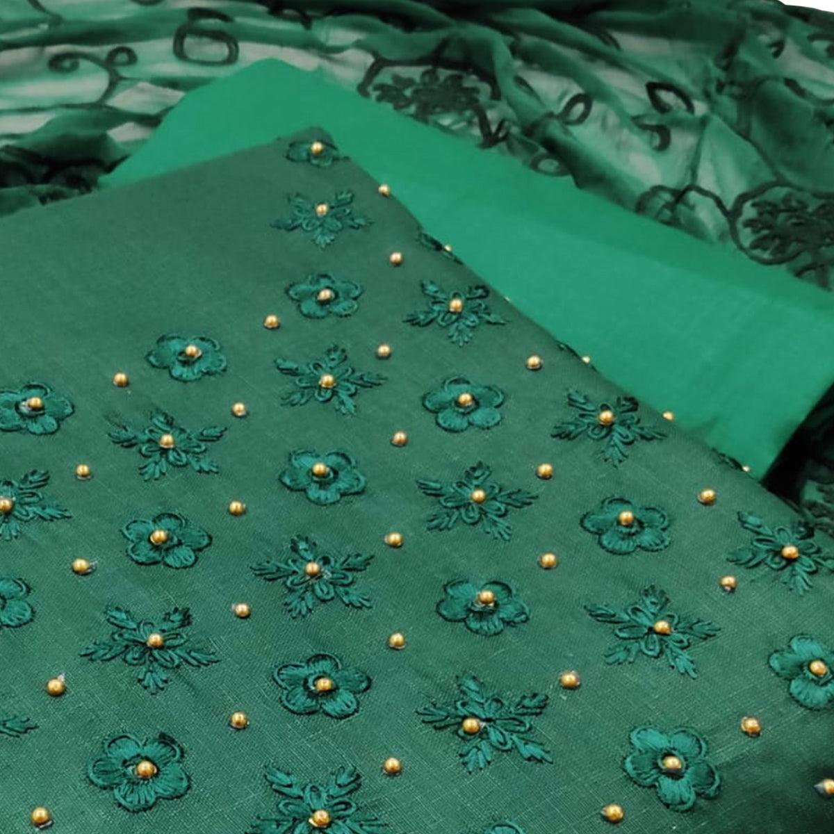 Elegant Dark Green Colored Casual Wear Embroidered Cotton Dress Material