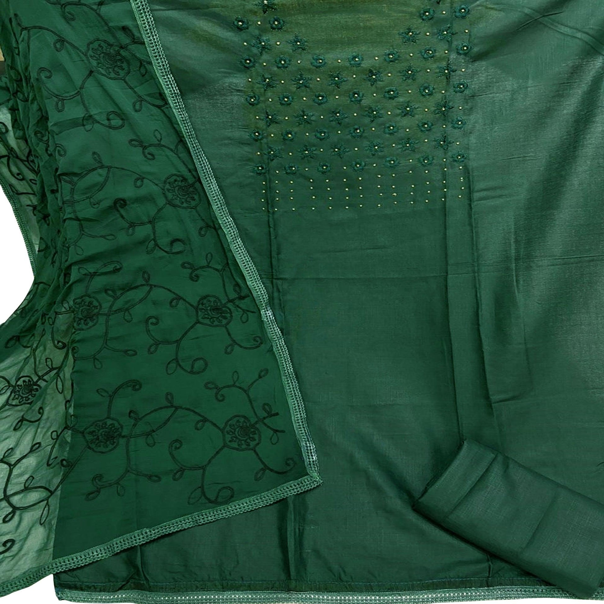 Elegant Dark Green Colored Casual Wear Embroidered Cotton Dress Material
