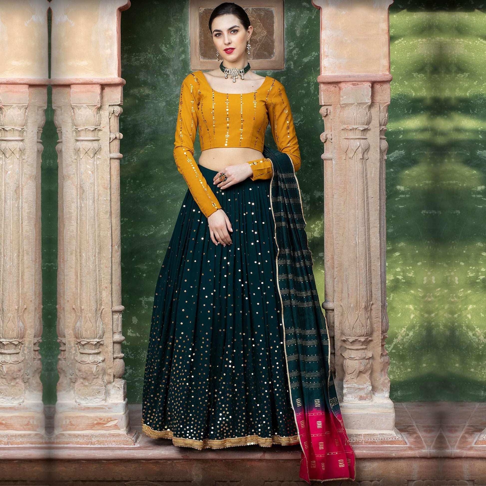 Elegant Dark Green  Coloured Festive Wear Fancy Sequins Work Georgette Lehenga Choli