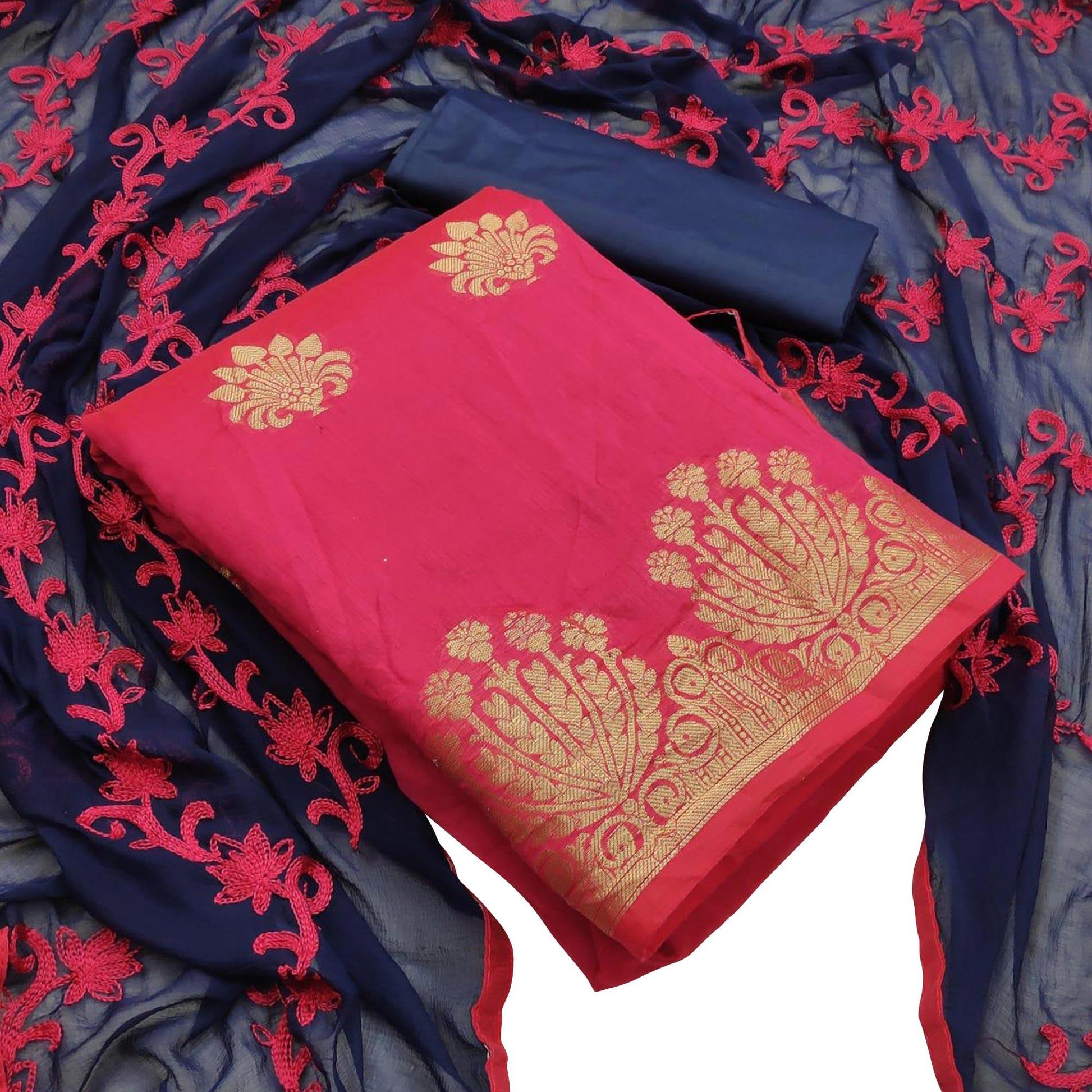 Elegant Deep Pink Colored Casual Wear Woven Banarasi Silk Dress Material