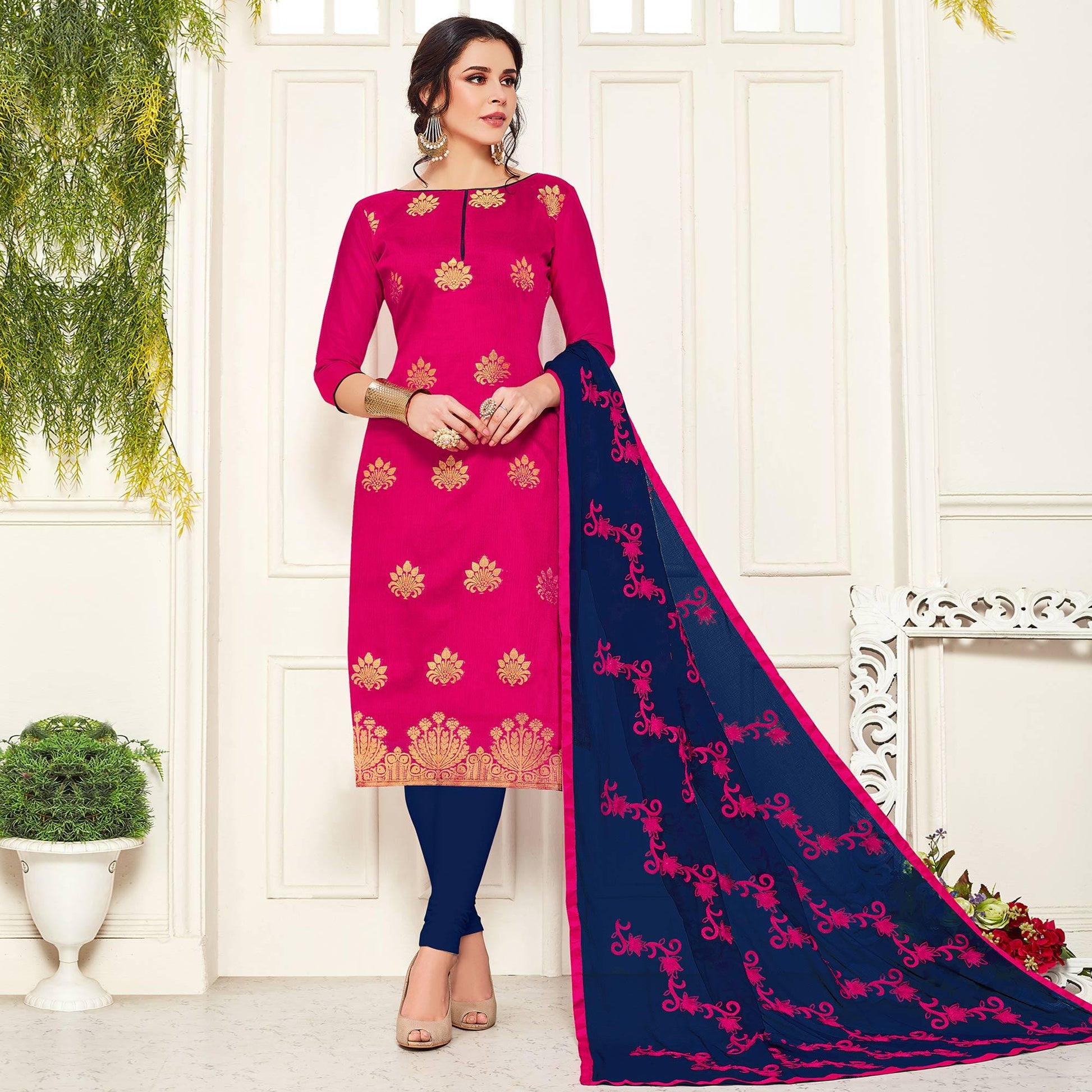 Elegant Deep Pink Colored Casual Wear Woven Banarasi Silk Dress Material