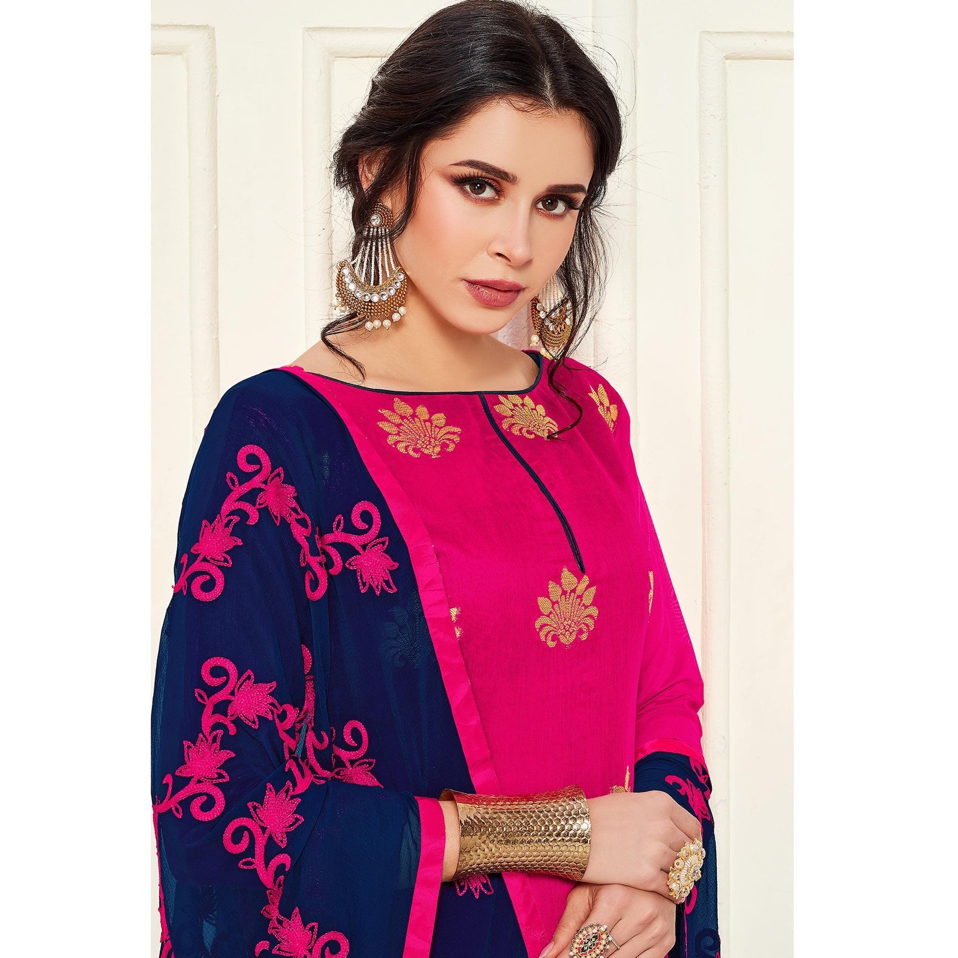 Elegant Deep Pink Colored Casual Wear Woven Banarasi Silk Dress Material