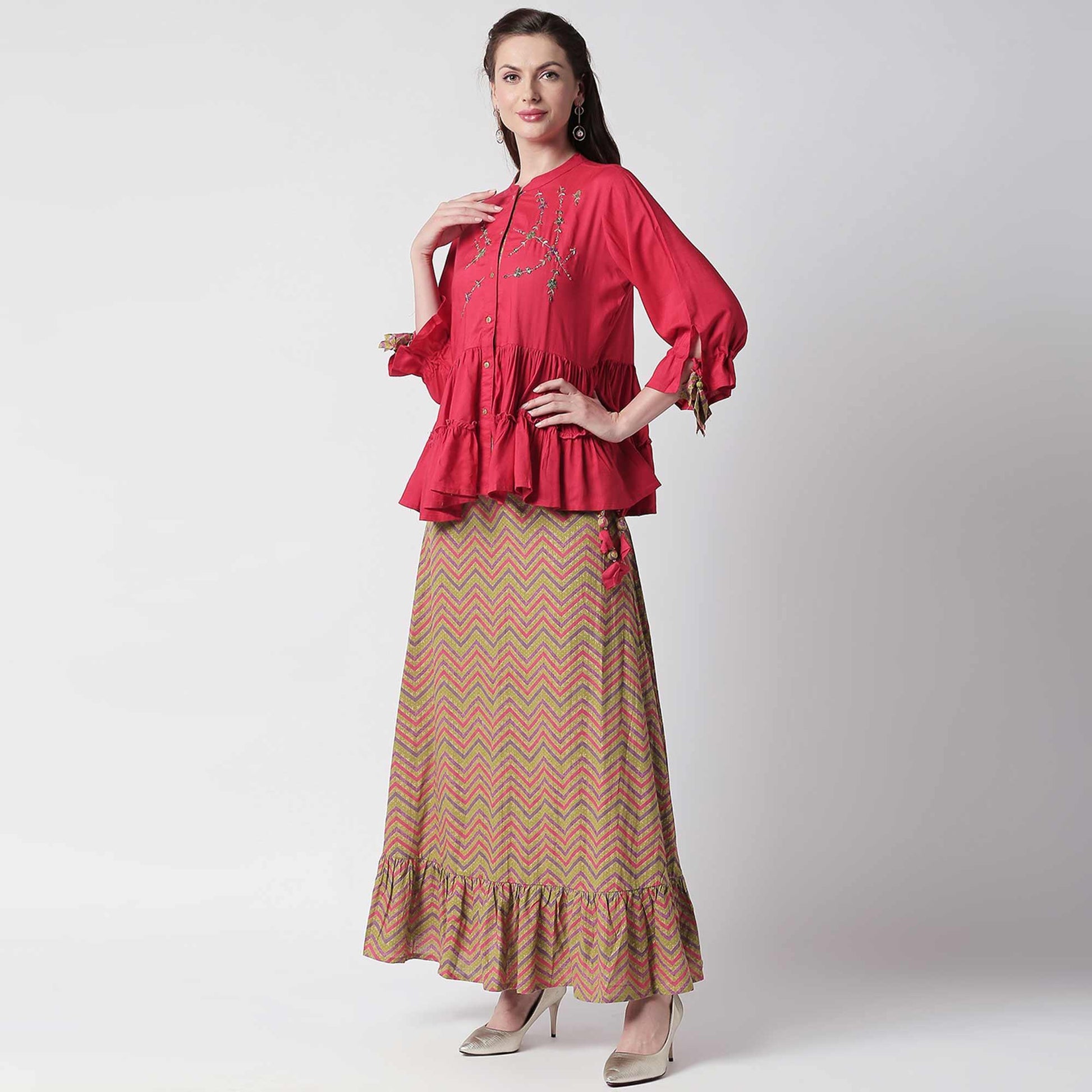 Elegant Fuschia Pink Colored Partywear Cotton Short Kurti - Skirt Set