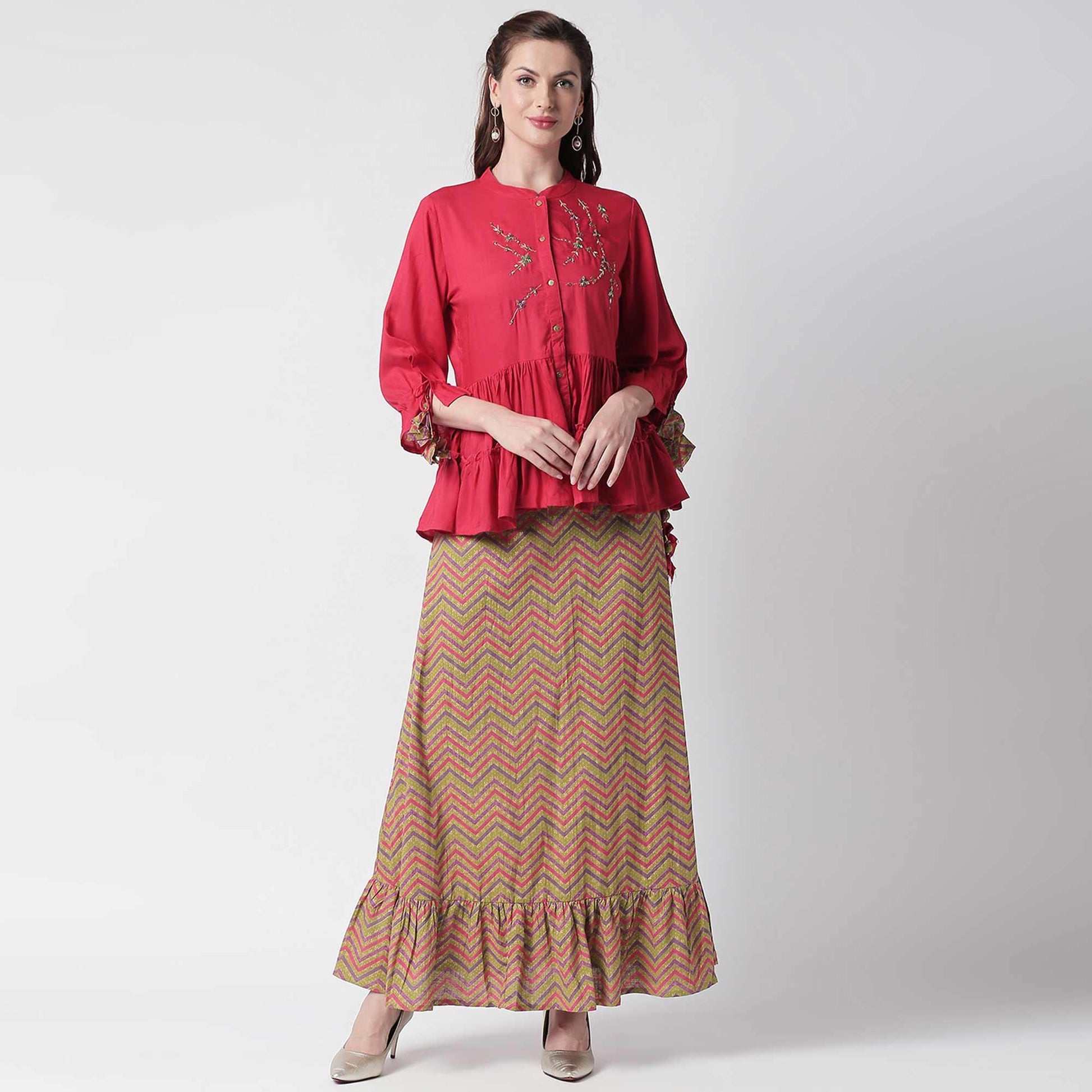 Elegant Fuschia Pink Colored Partywear Cotton Short Kurti - Skirt Set