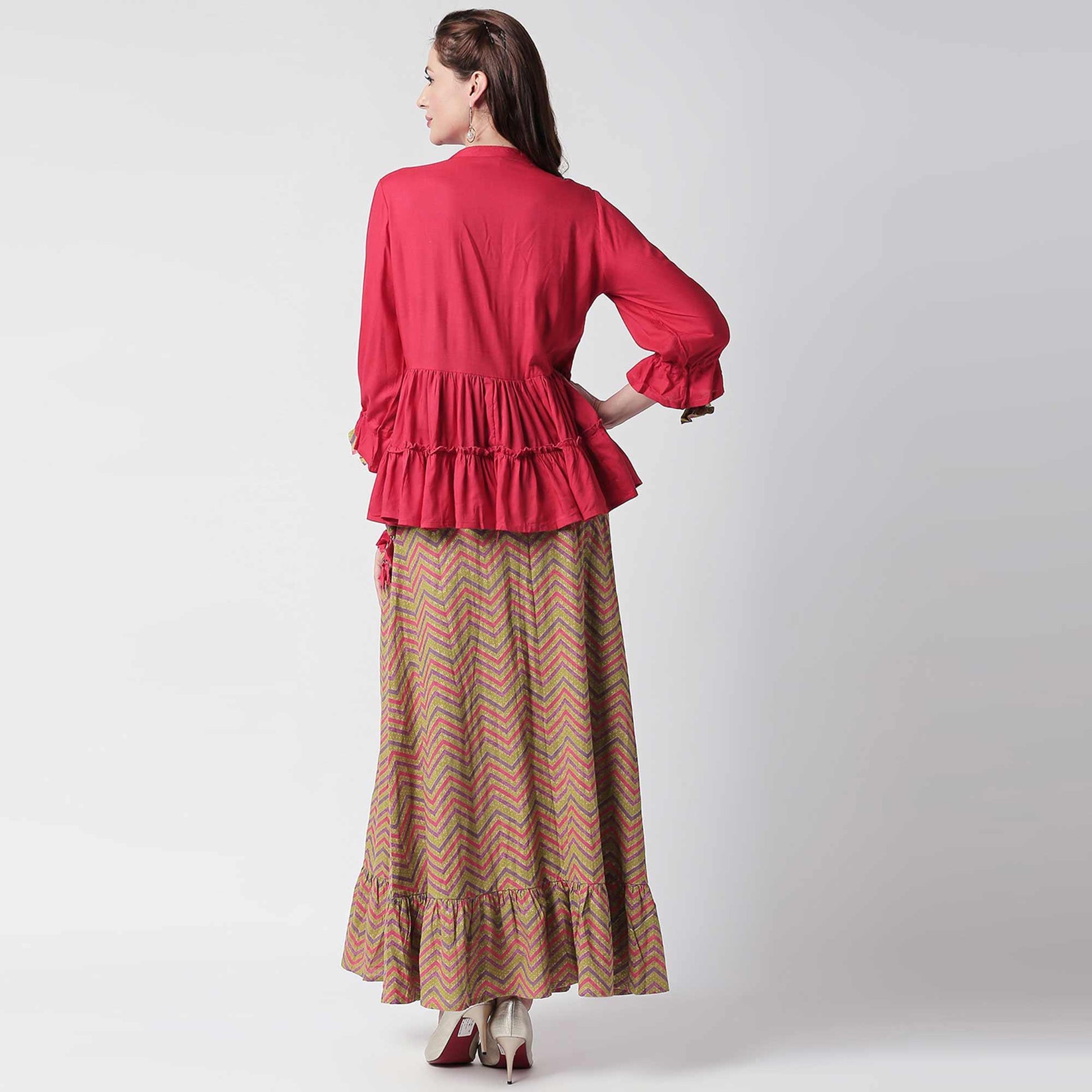 Elegant Fuschia Pink Colored Partywear Cotton Short Kurti - Skirt Set