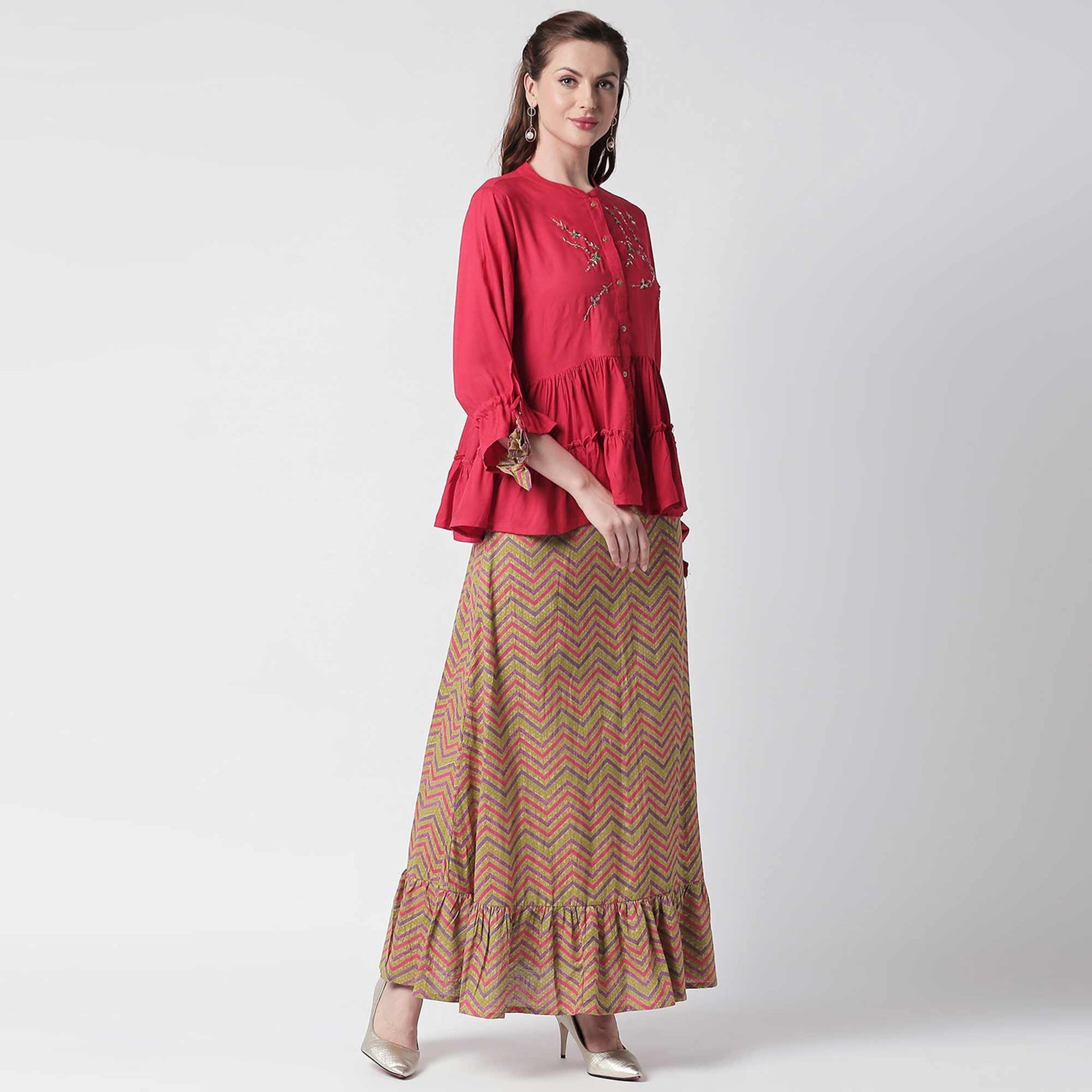 Elegant Fuschia Pink Colored Partywear Cotton Short Kurti - Skirt Set