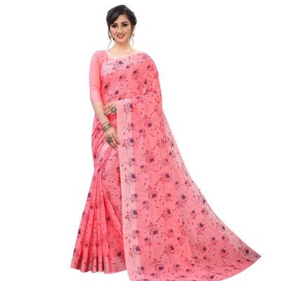 Elegant Gajari Colored Casual Wear Printed Cotton Linen Saree