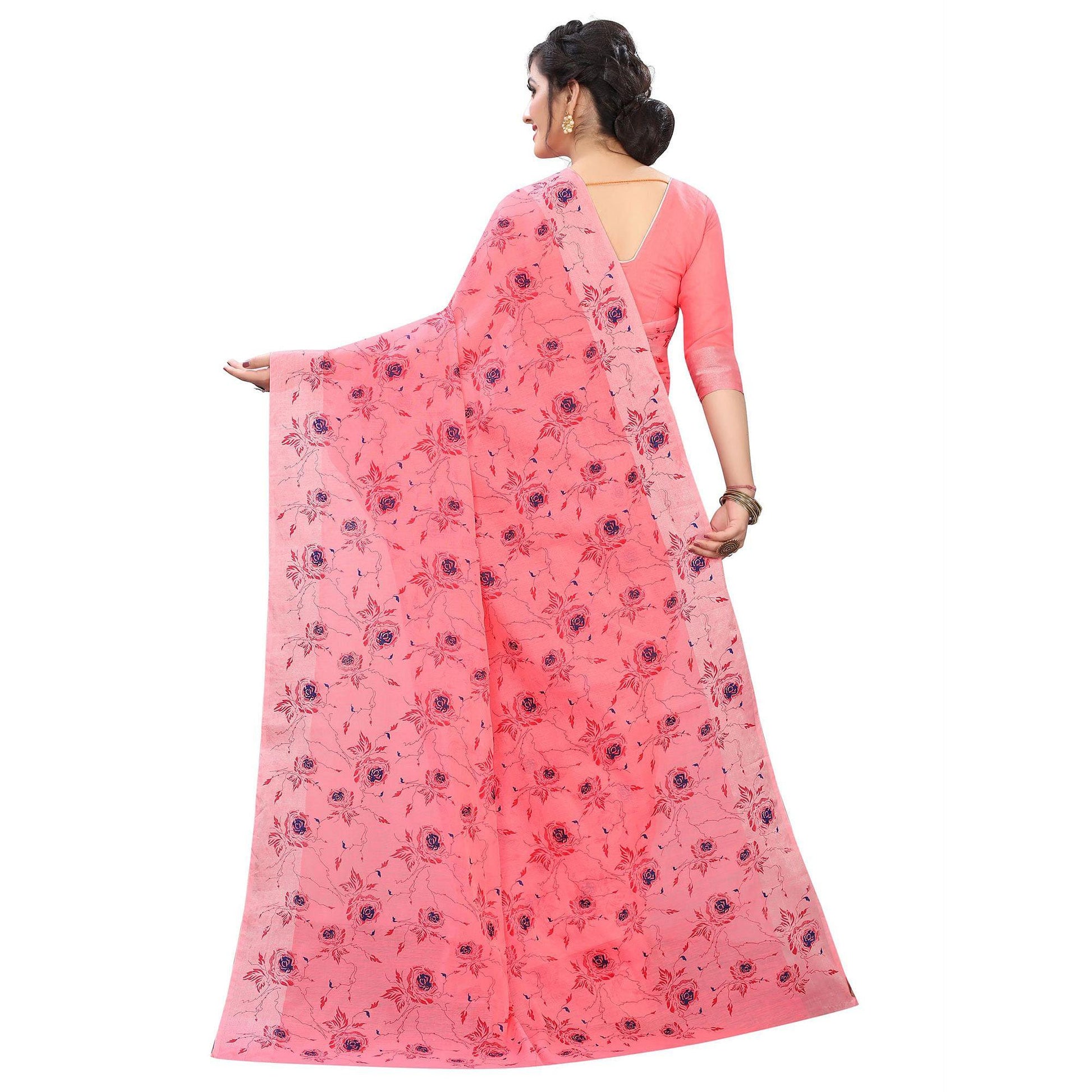 Elegant Gajari Colored Casual Wear Printed Cotton Linen Saree