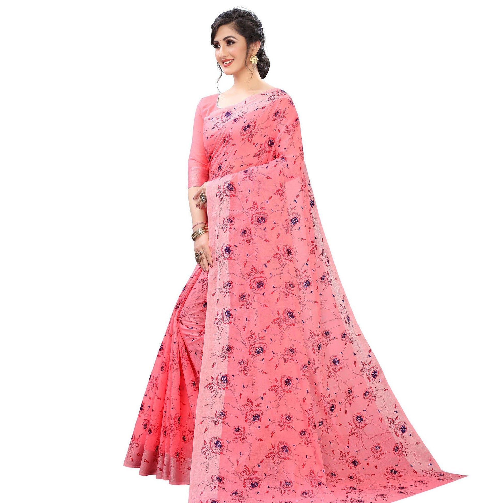 Elegant Gajari Colored Casual Wear Printed Cotton Linen Saree