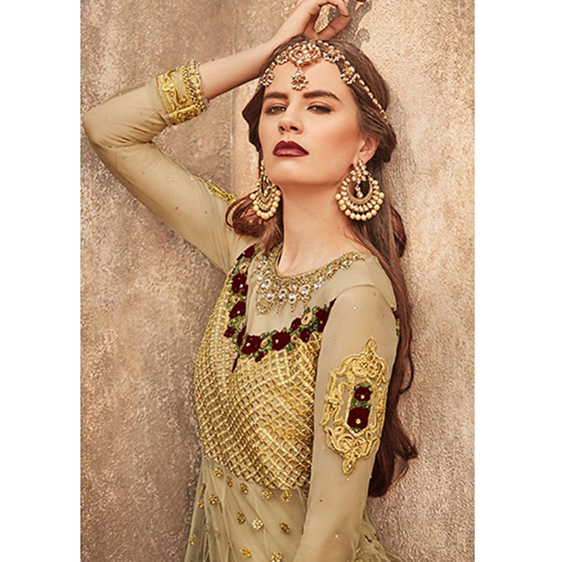 Elegant Golden-Brown Colored Party Wear Embroidered Net Lehenga Choli