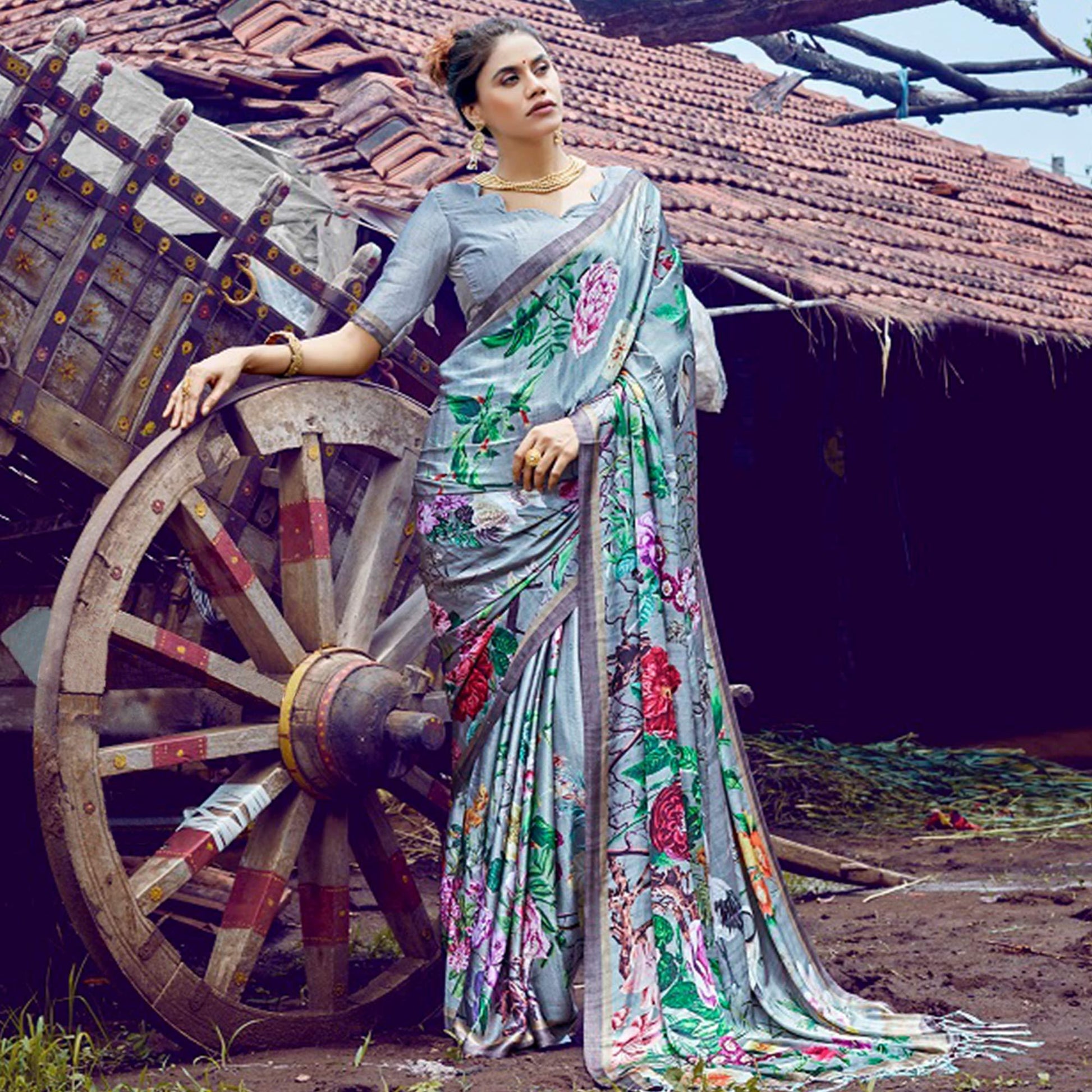 Elegant Gray Colored Casual Digital Printed Satin Crepe Saree