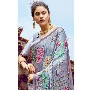 Elegant Gray Colored Casual Digital Printed Satin Crepe Saree