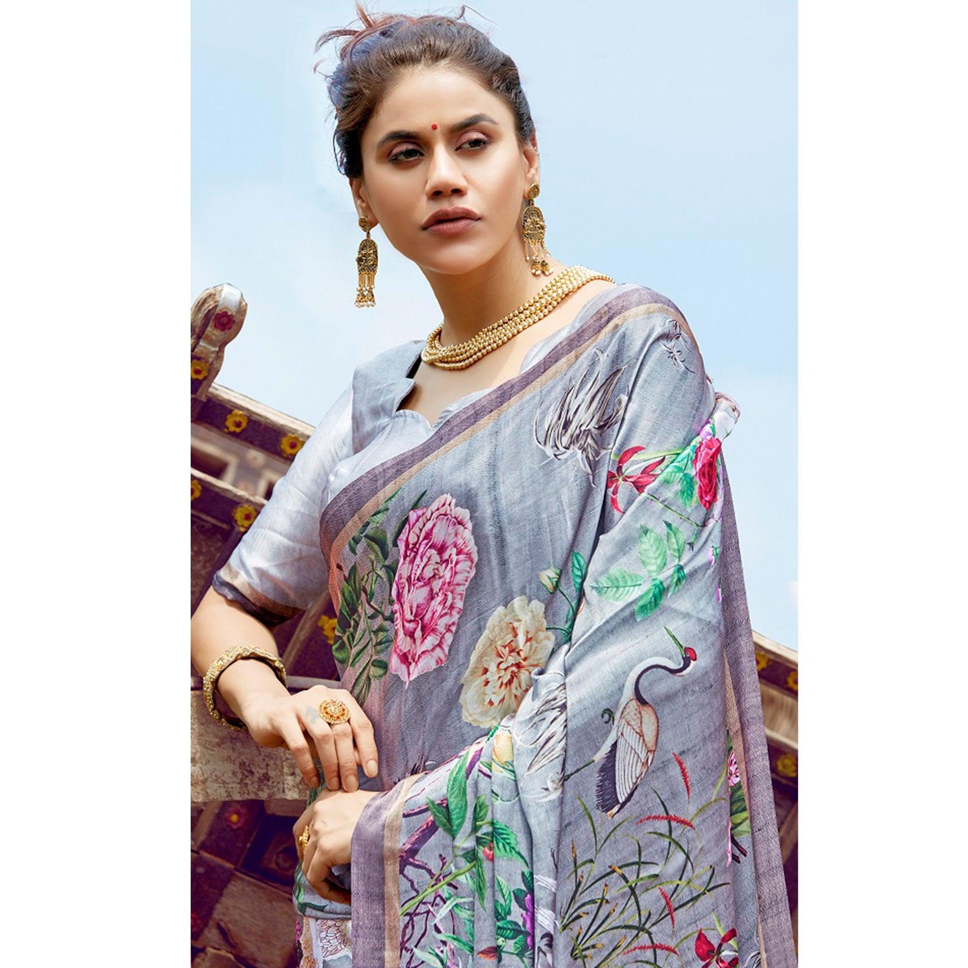 Elegant Gray Colored Casual Digital Printed Satin Crepe Saree