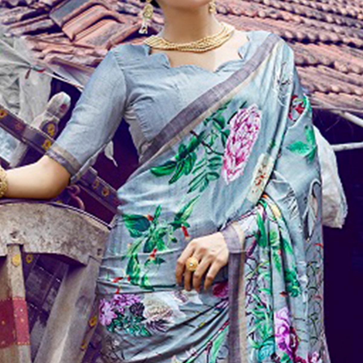 Elegant Gray Colored Casual Digital Printed Satin Crepe Saree