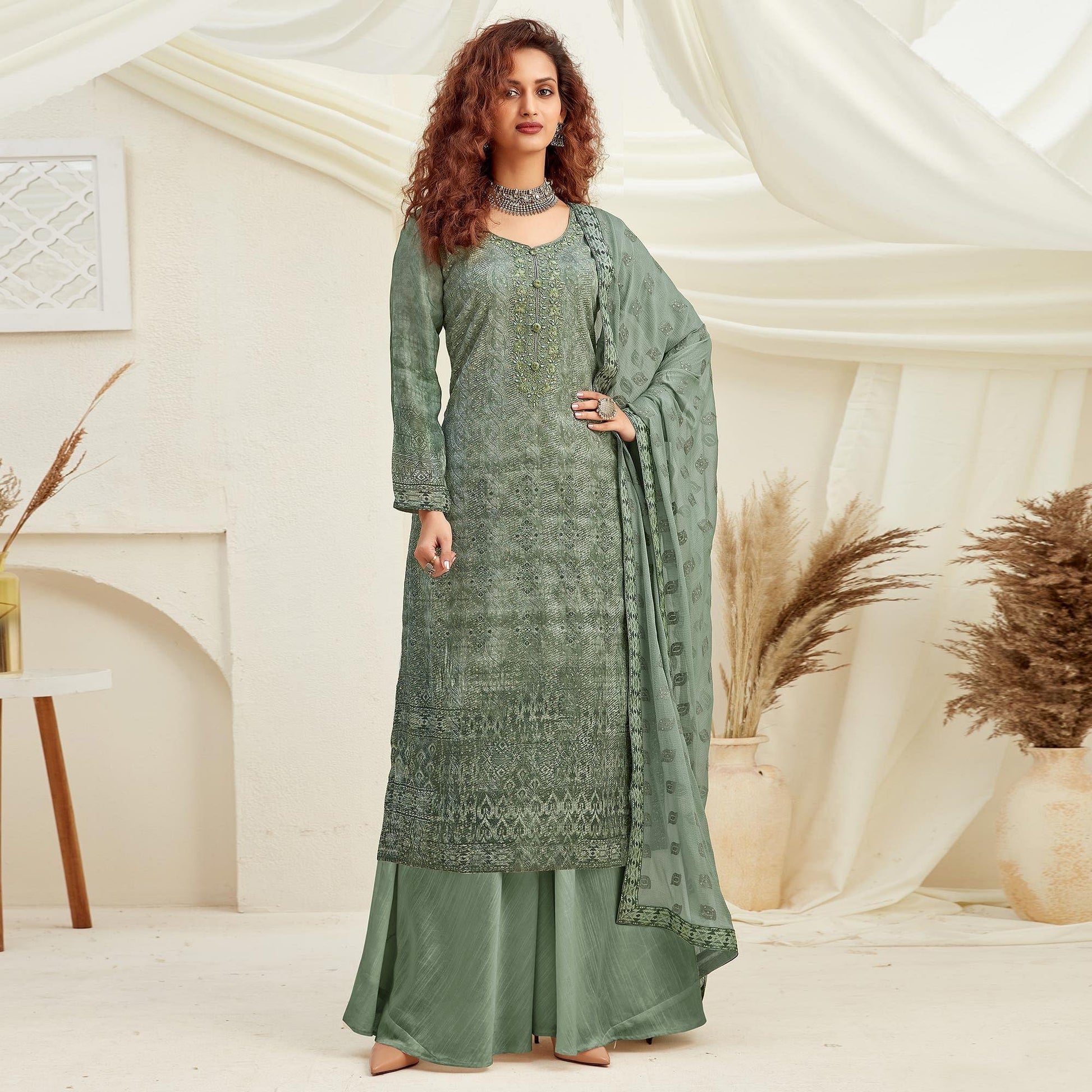 Elegant Green Colored Embroidered With Digital Printed Partywear Pure Viscose Chinnon Chiffon Palazzo Suit
