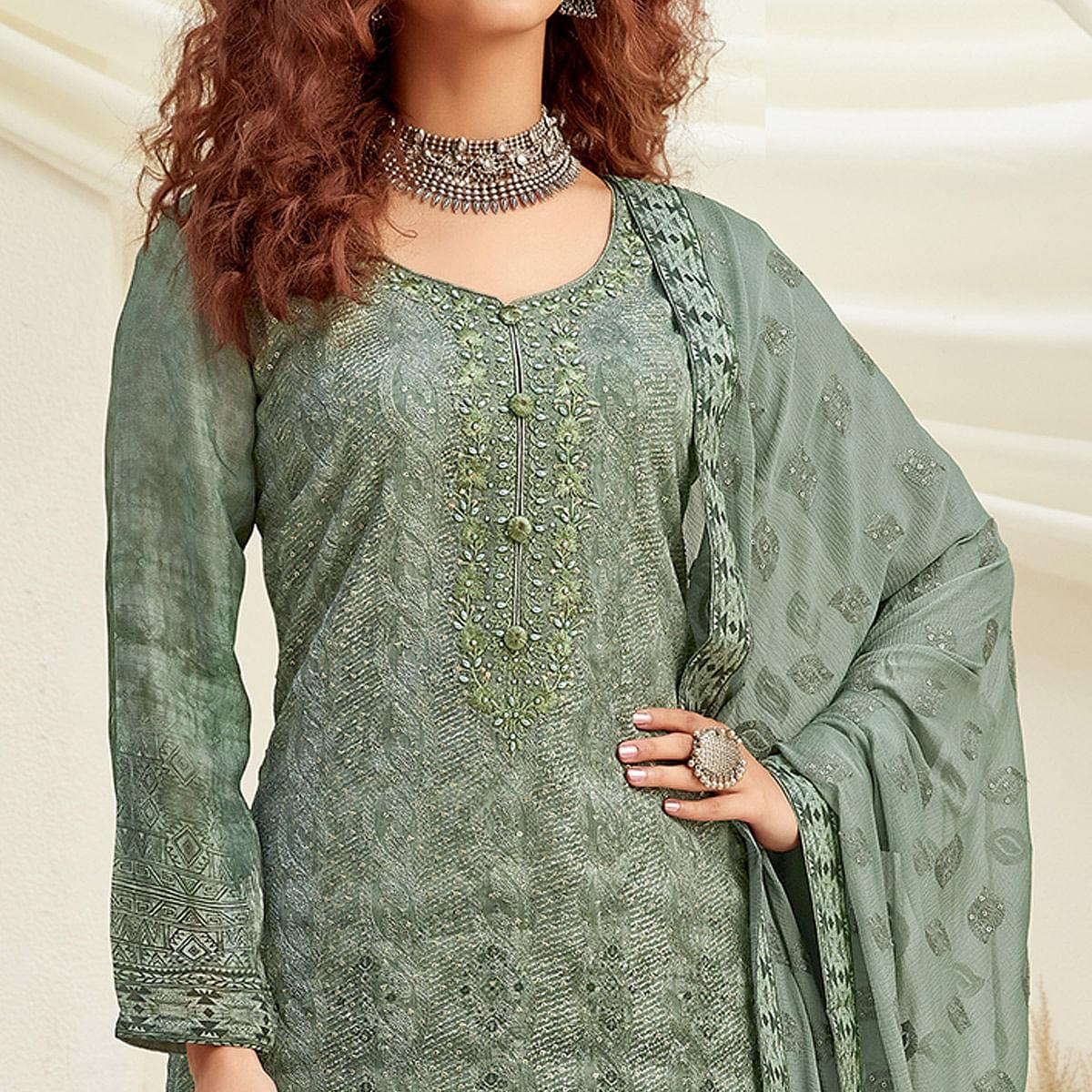 Elegant Green Colored Embroidered With Digital Printed Partywear Pure Viscose Chinnon Chiffon Palazzo Suit