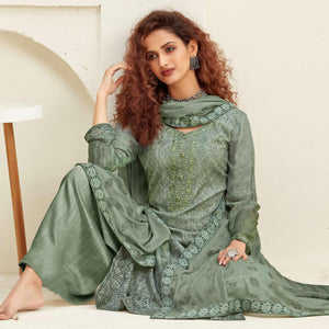 Elegant Green Colored Embroidered With Digital Printed Partywear Pure Viscose Chinnon Chiffon Palazzo Suit