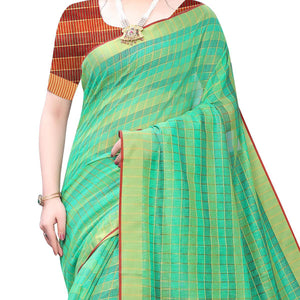 Elegant Green Colored Festive Wear Woven Blended Cotton Saree