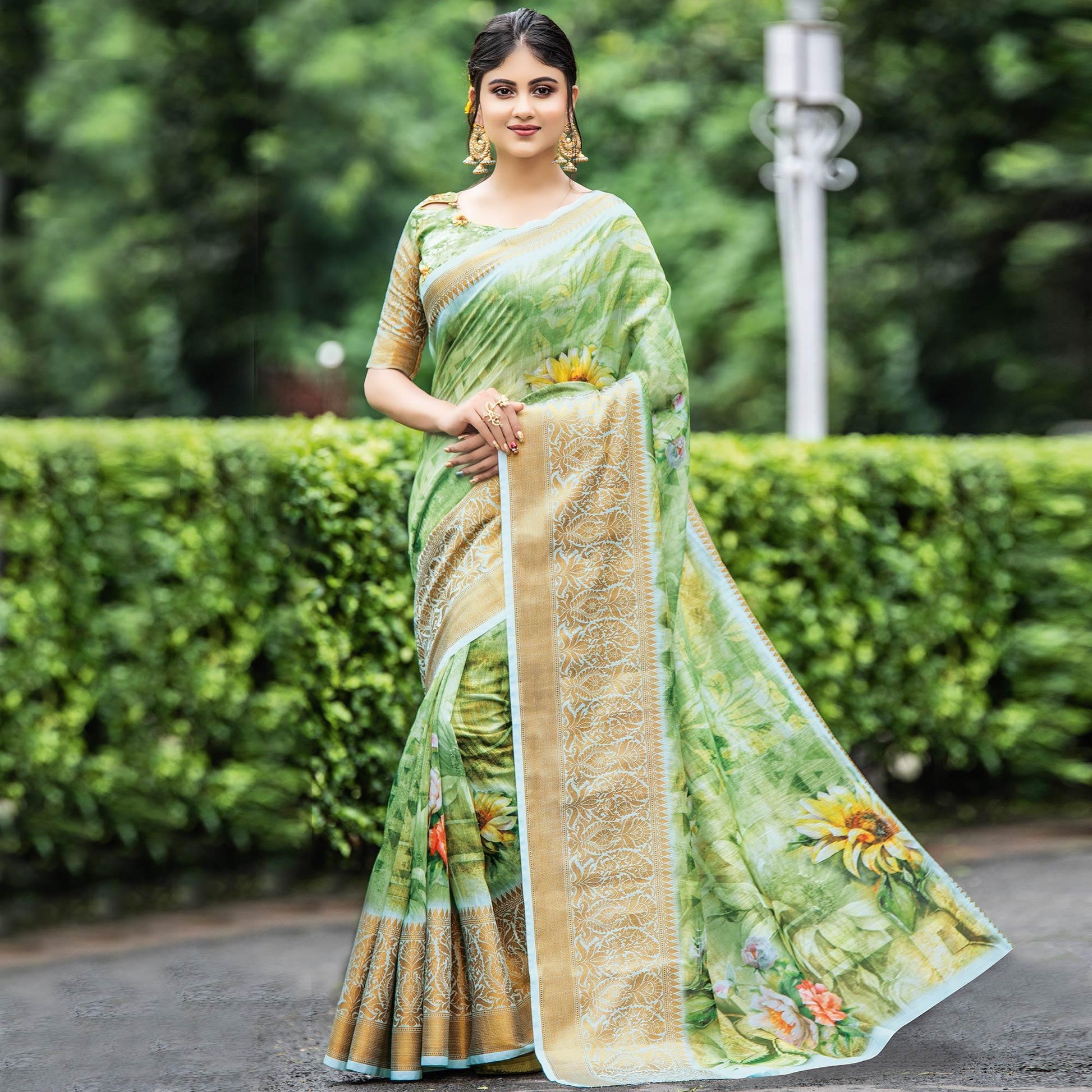 Elegant Green Colored Partywear Digital Printed Organza Saree