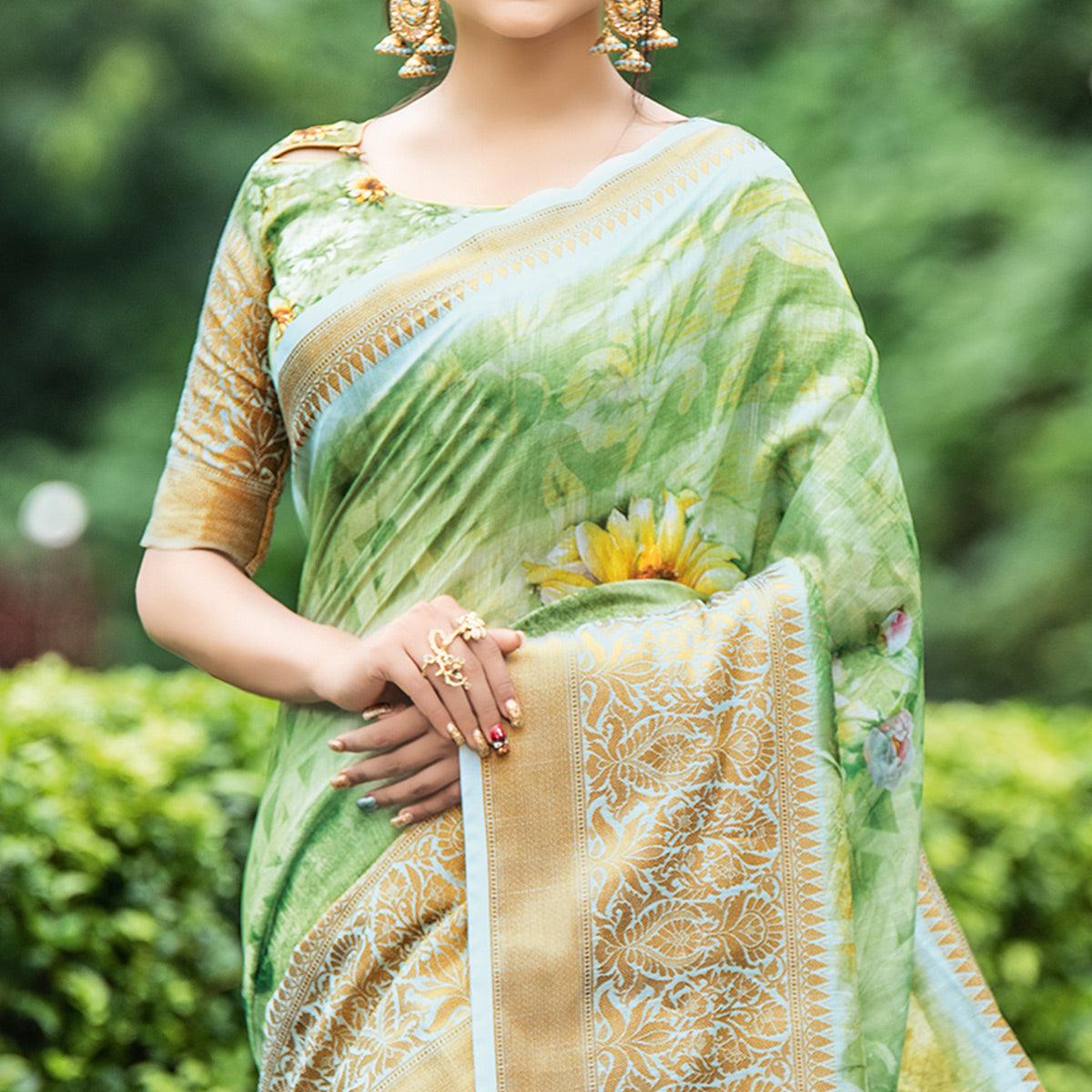 Elegant Green Colored Partywear Digital Printed Organza Saree